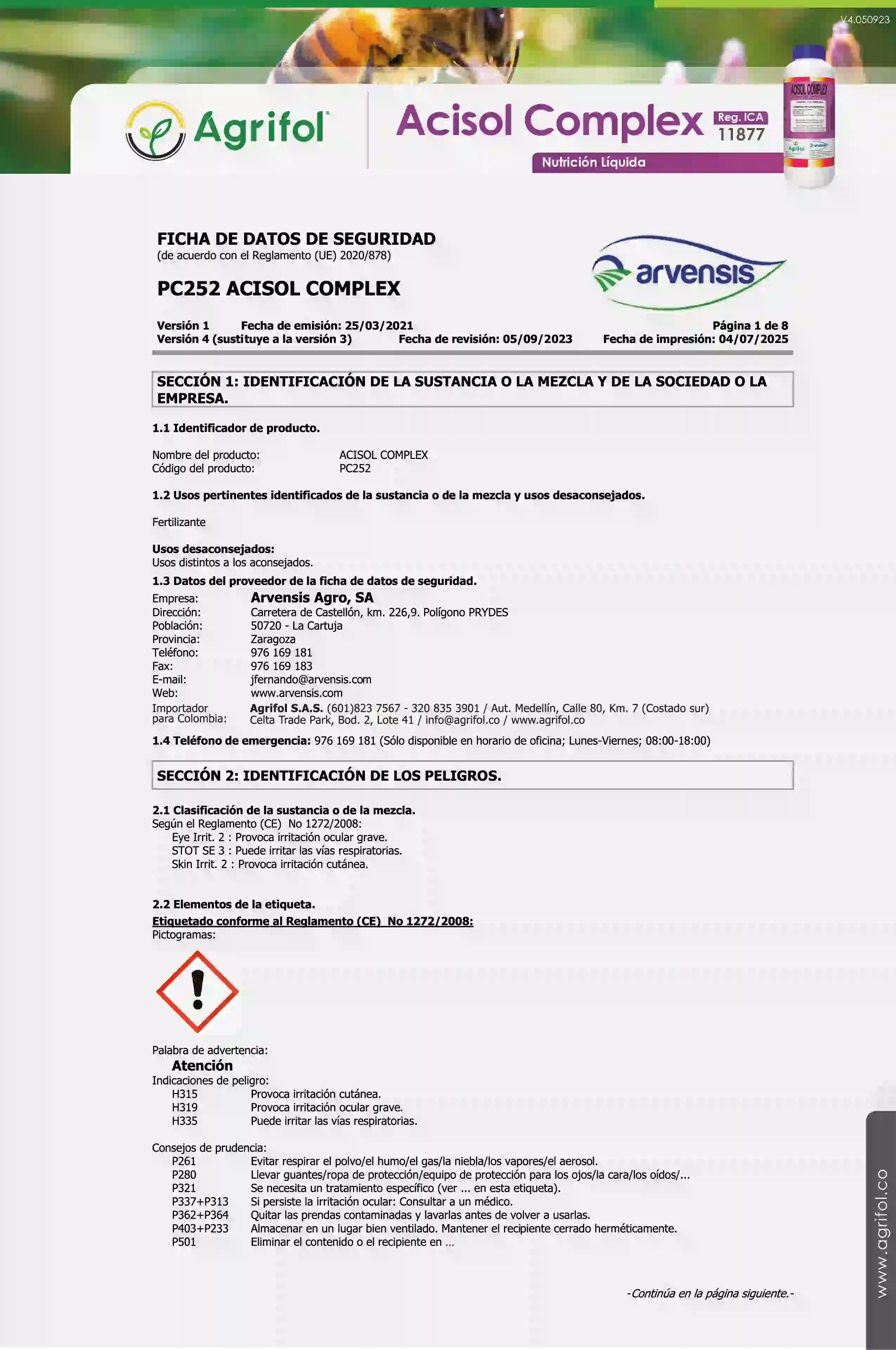 Ficha de seguridad Acisol Complex - Página 1