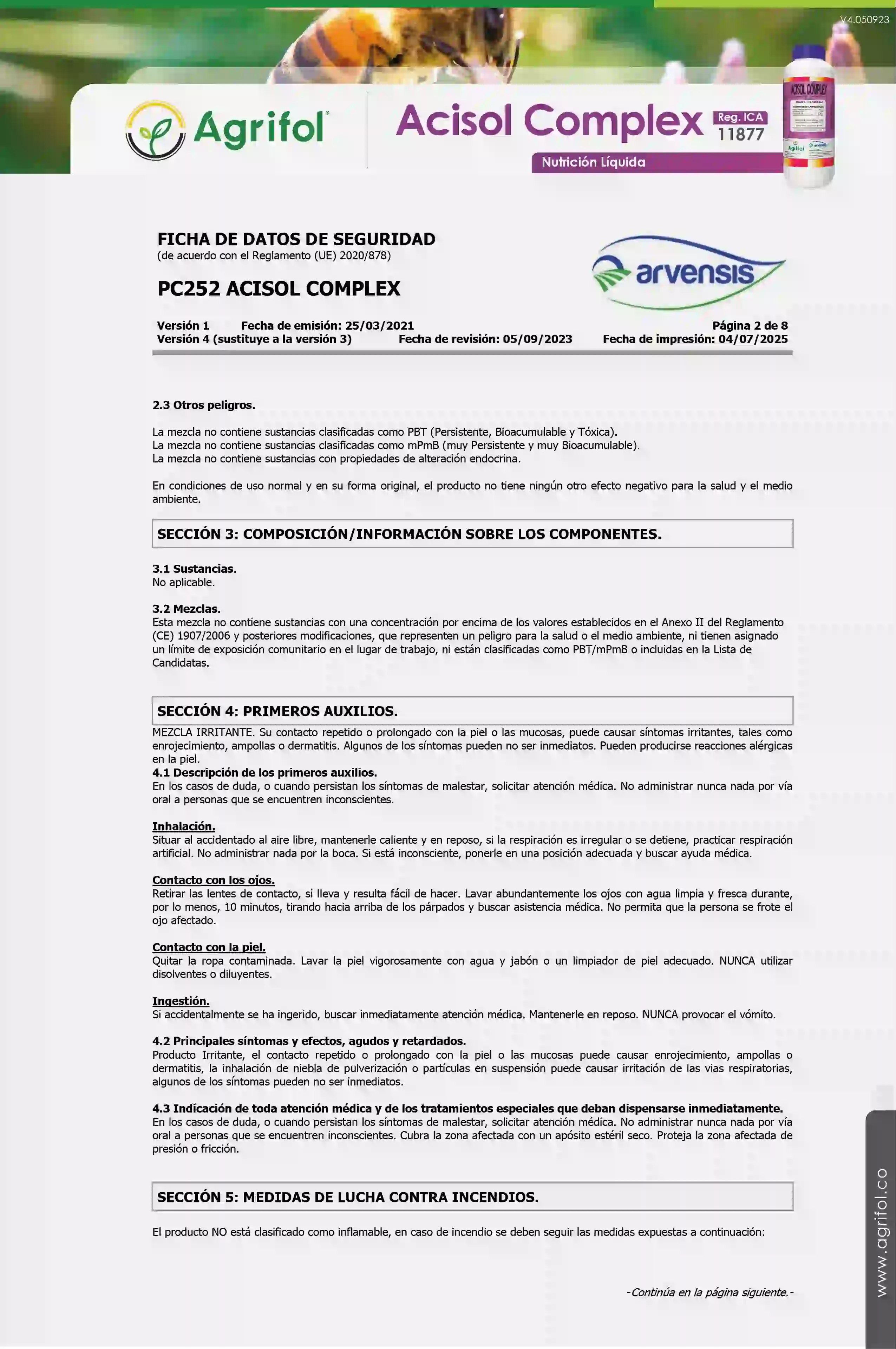 Ficha de seguridad Acisol Complex - Página 2