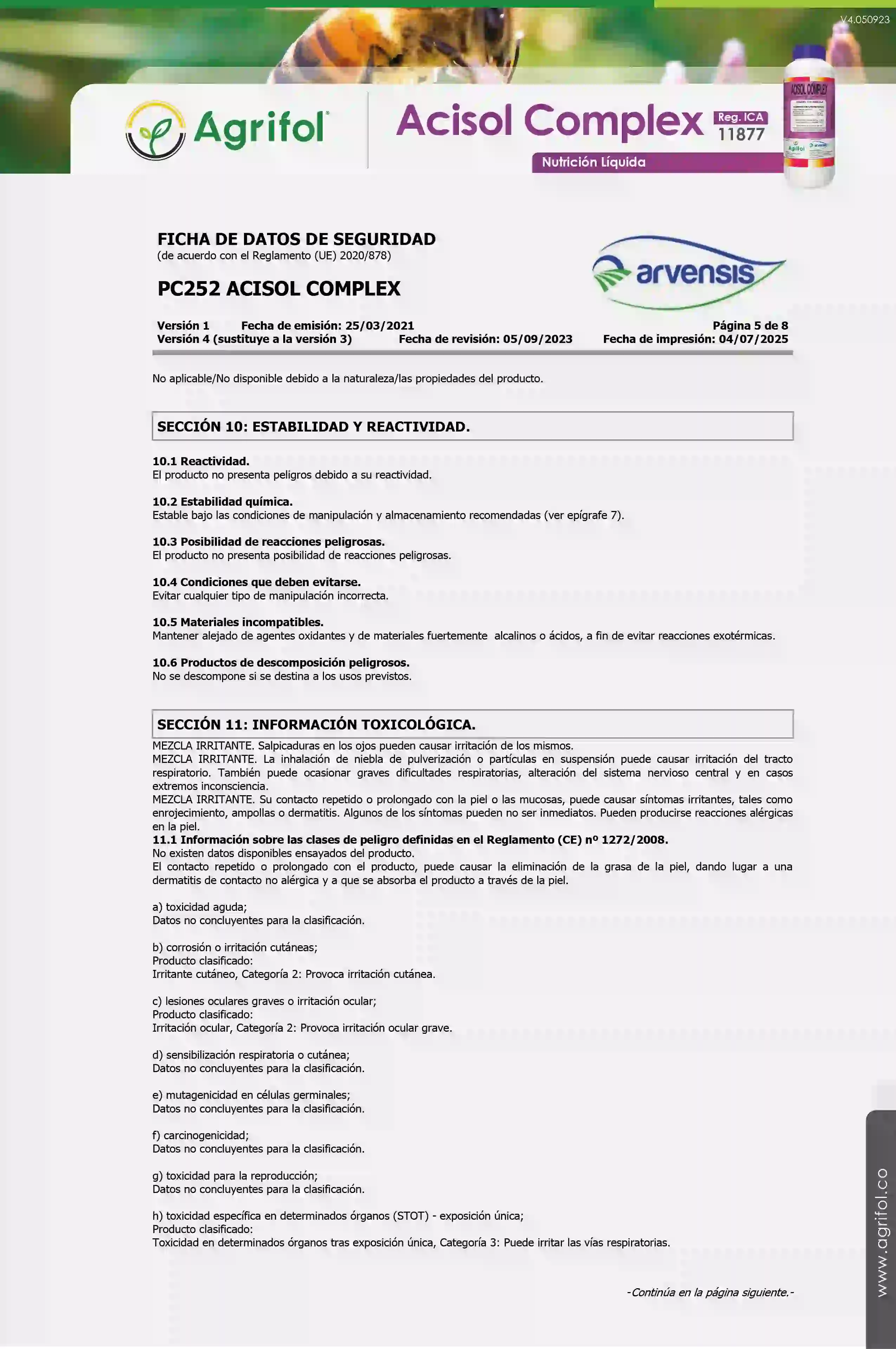 Ficha de seguridad Acisol Complex - Página 5