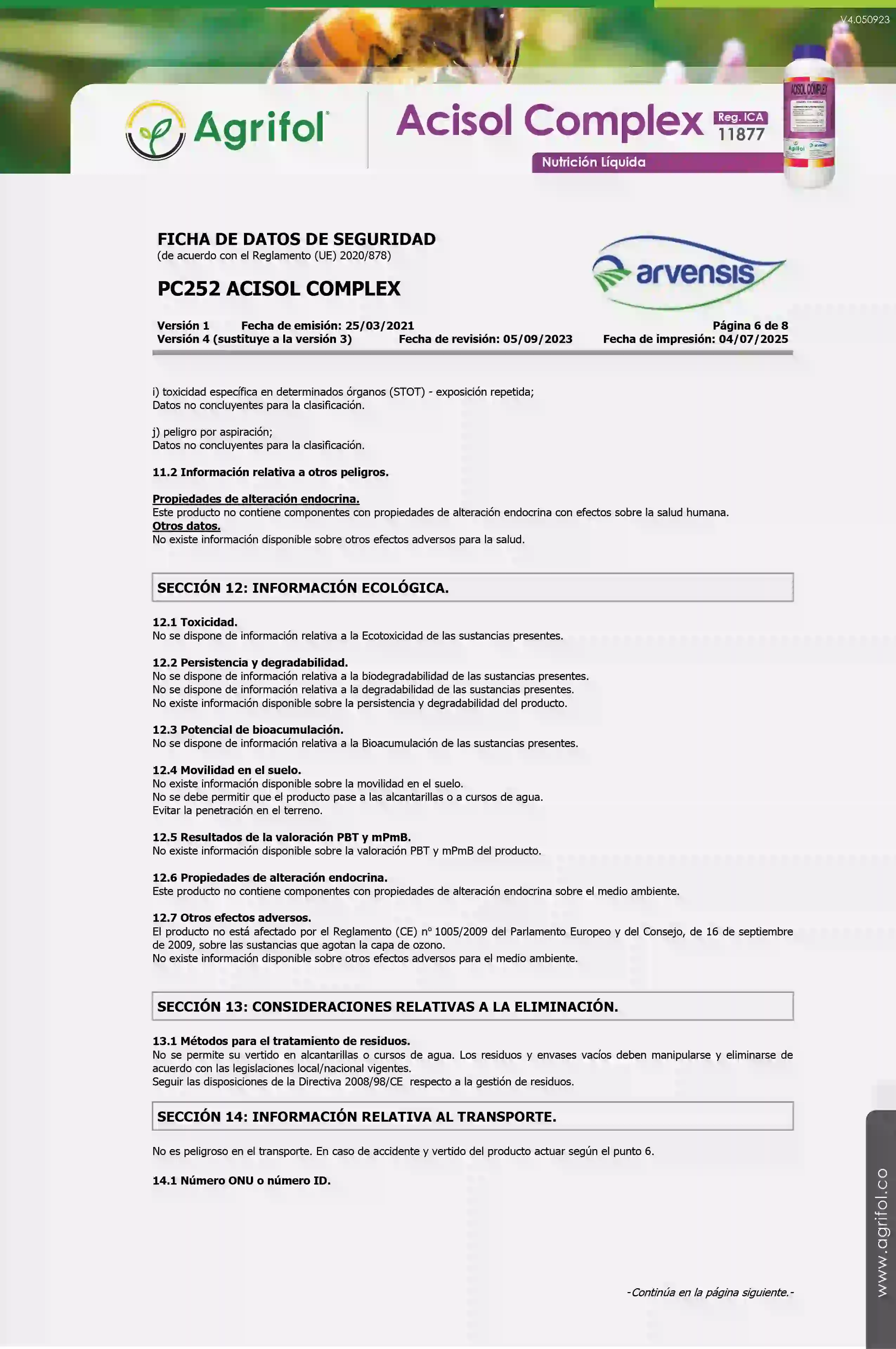 Ficha de seguridad Acisol Complex - Página 6