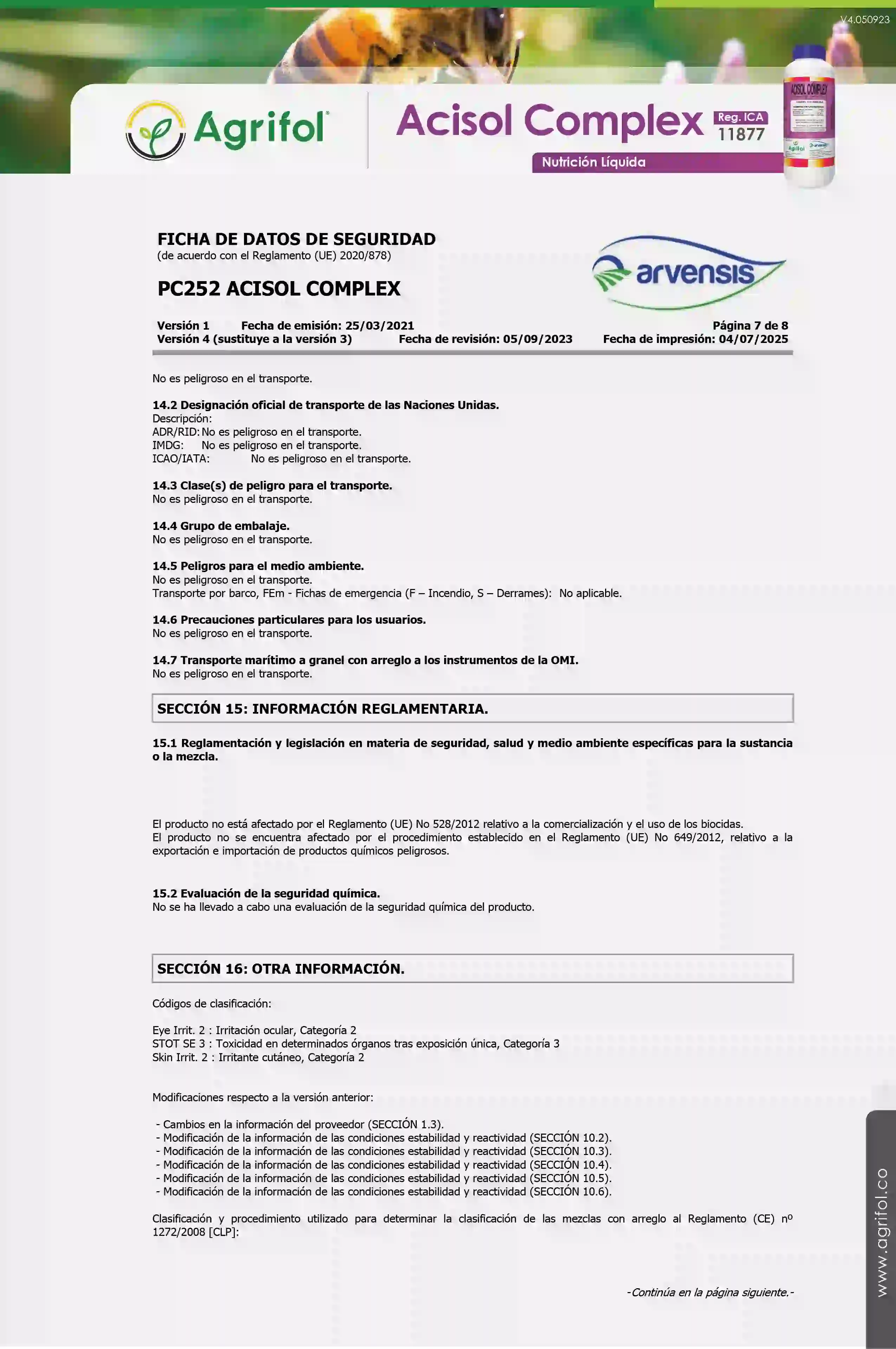 Ficha de seguridad Acisol Complex - Página 7