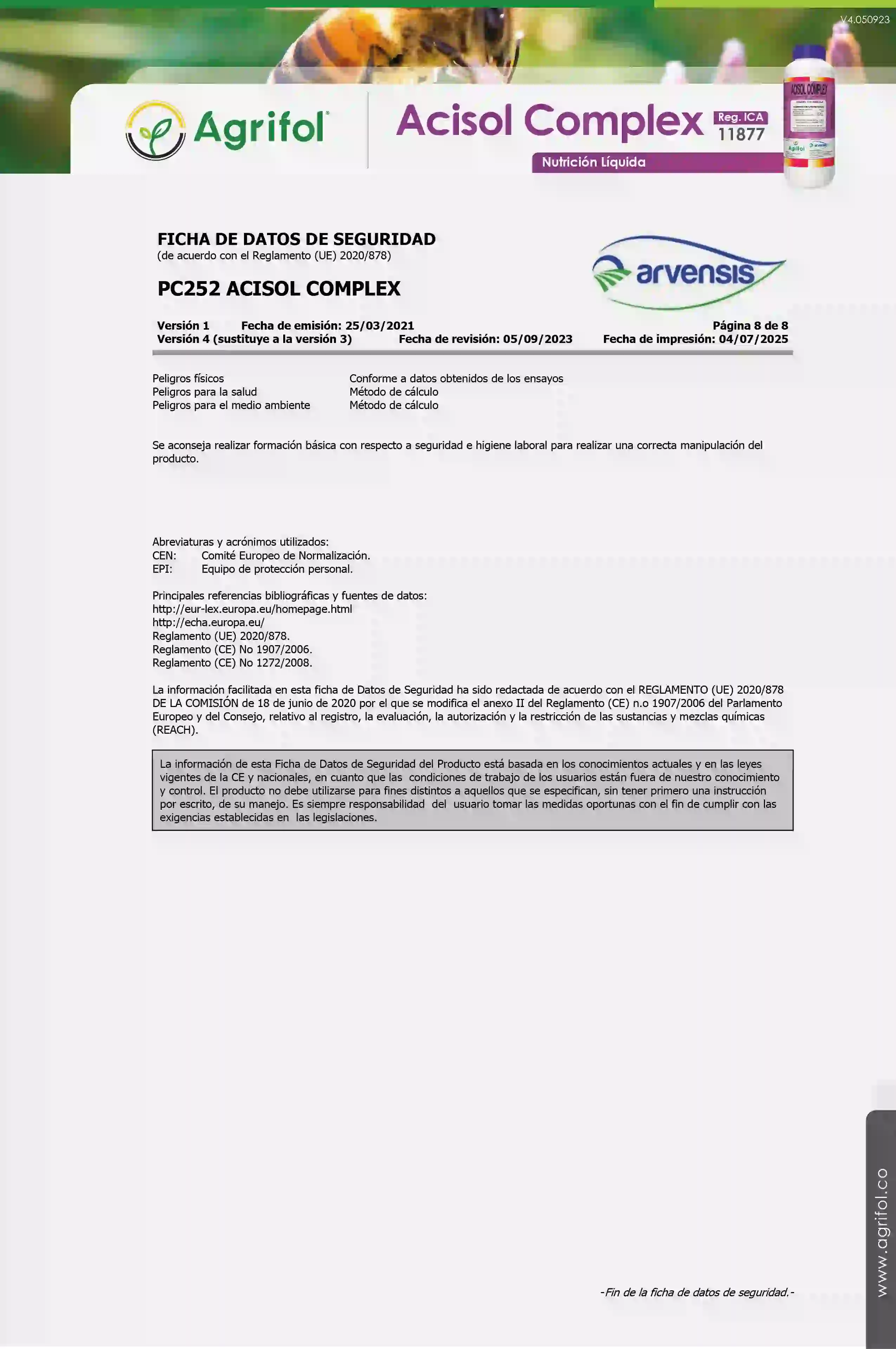 Ficha de seguridad Acisol Complex - Página 8