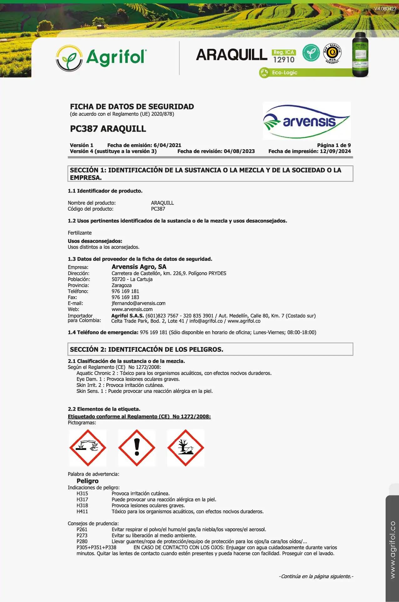 Ficha de seguridad Araquill - Página 1