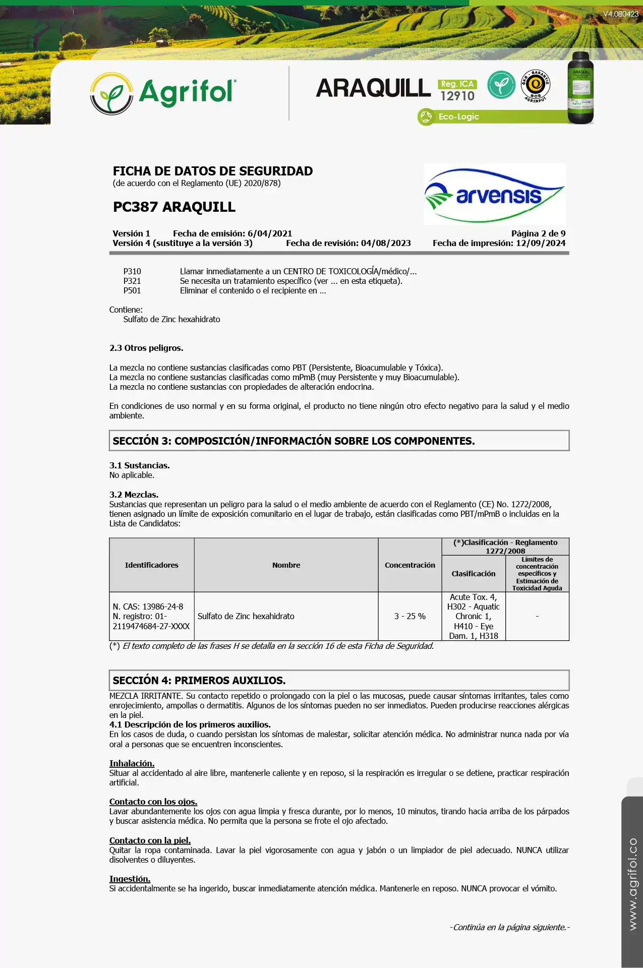 Ficha de seguridad Araquill - Página 2