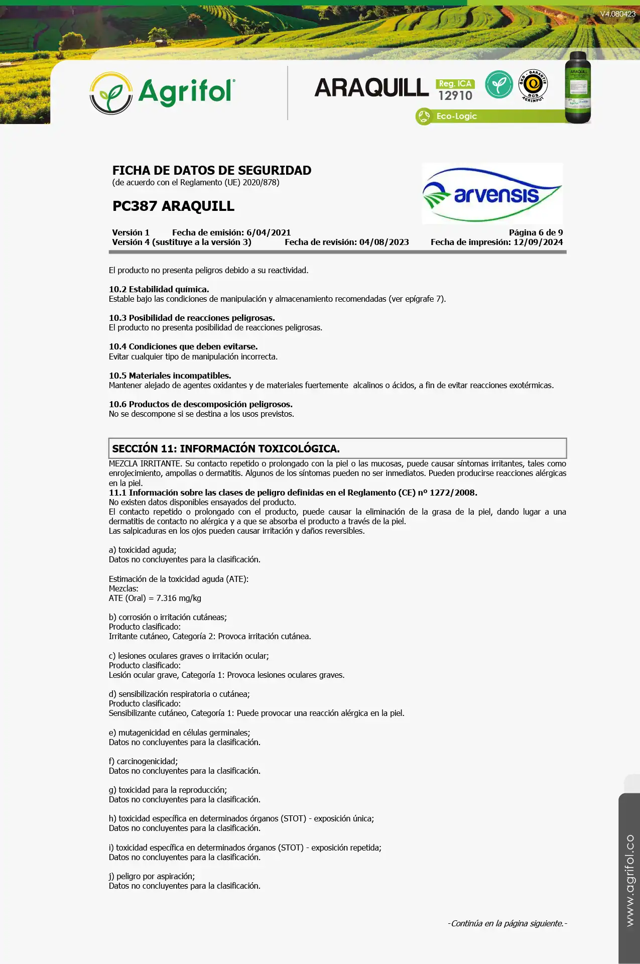 Ficha de seguridad Araquill - Página 6