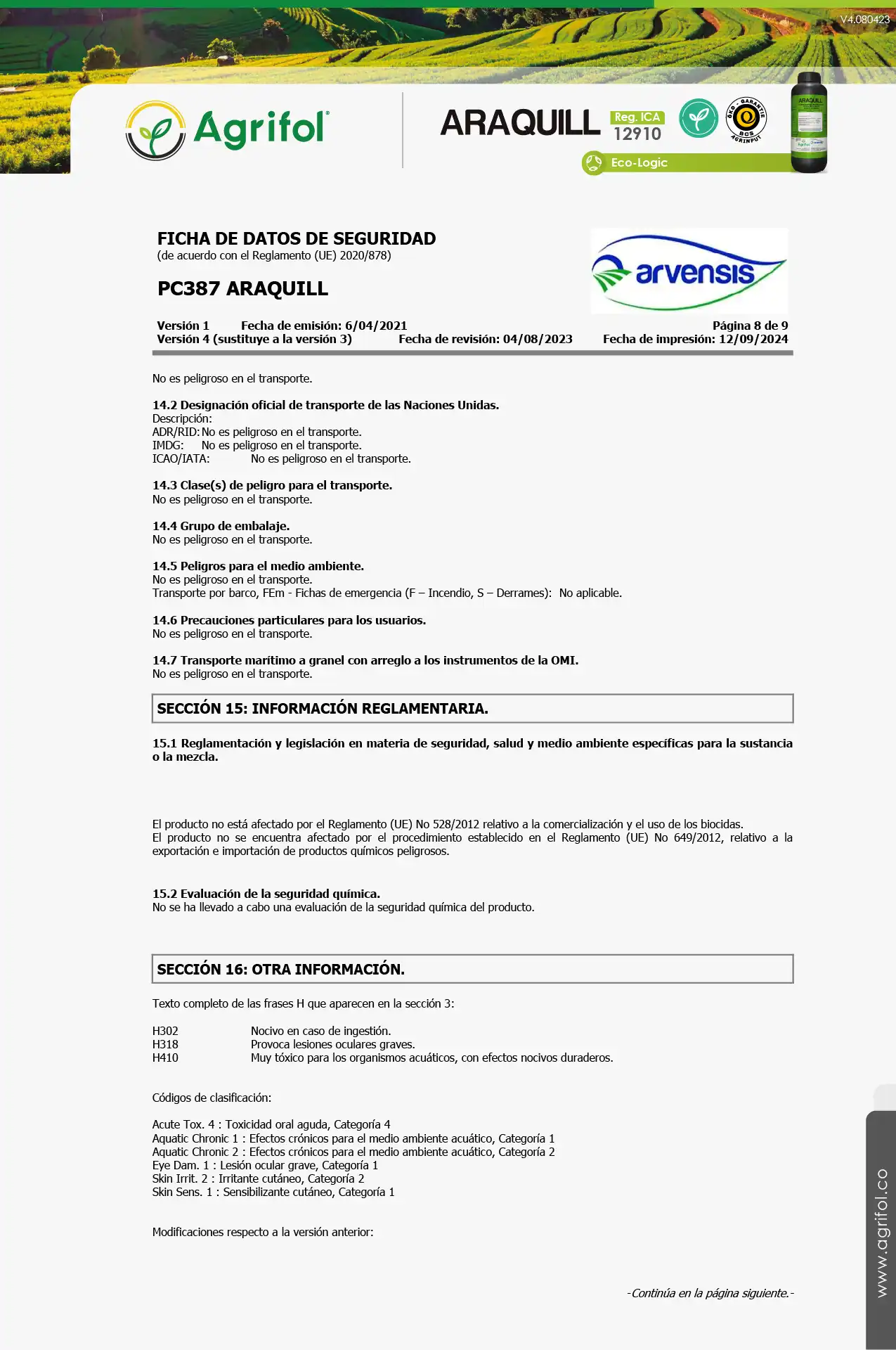 Ficha de seguridad Araquill - Página 8