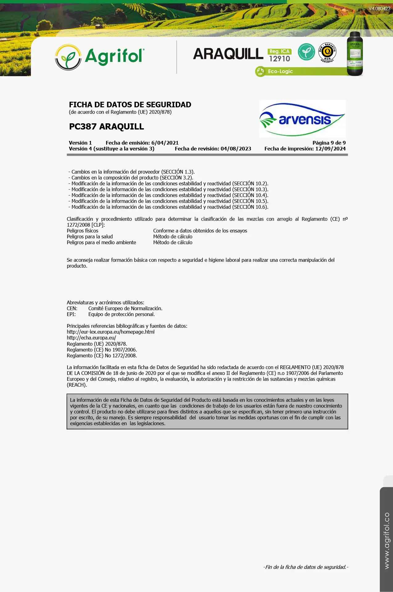Ficha de seguridad Araquill - Página 9