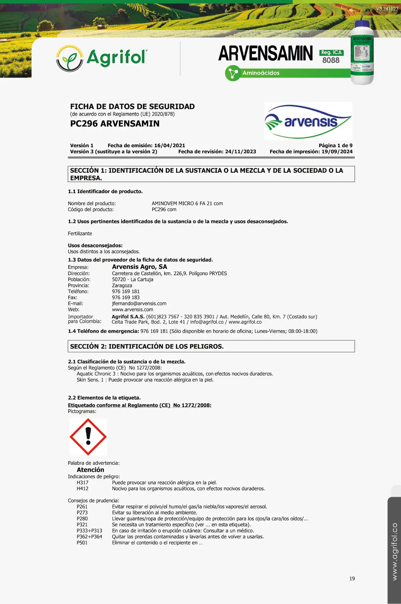 Ficha de seguridad Arvensamin - Página 1