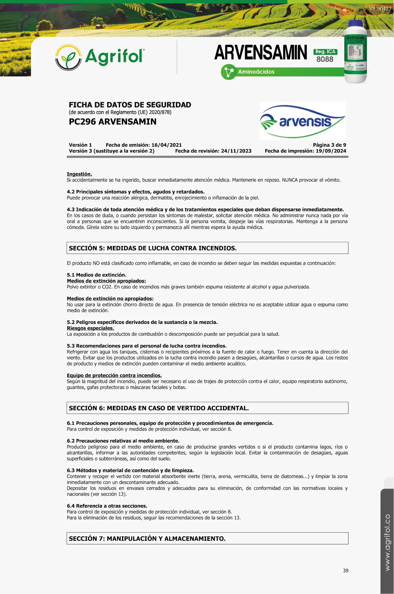 Ficha de seguridad Arvensamin - Página 2
