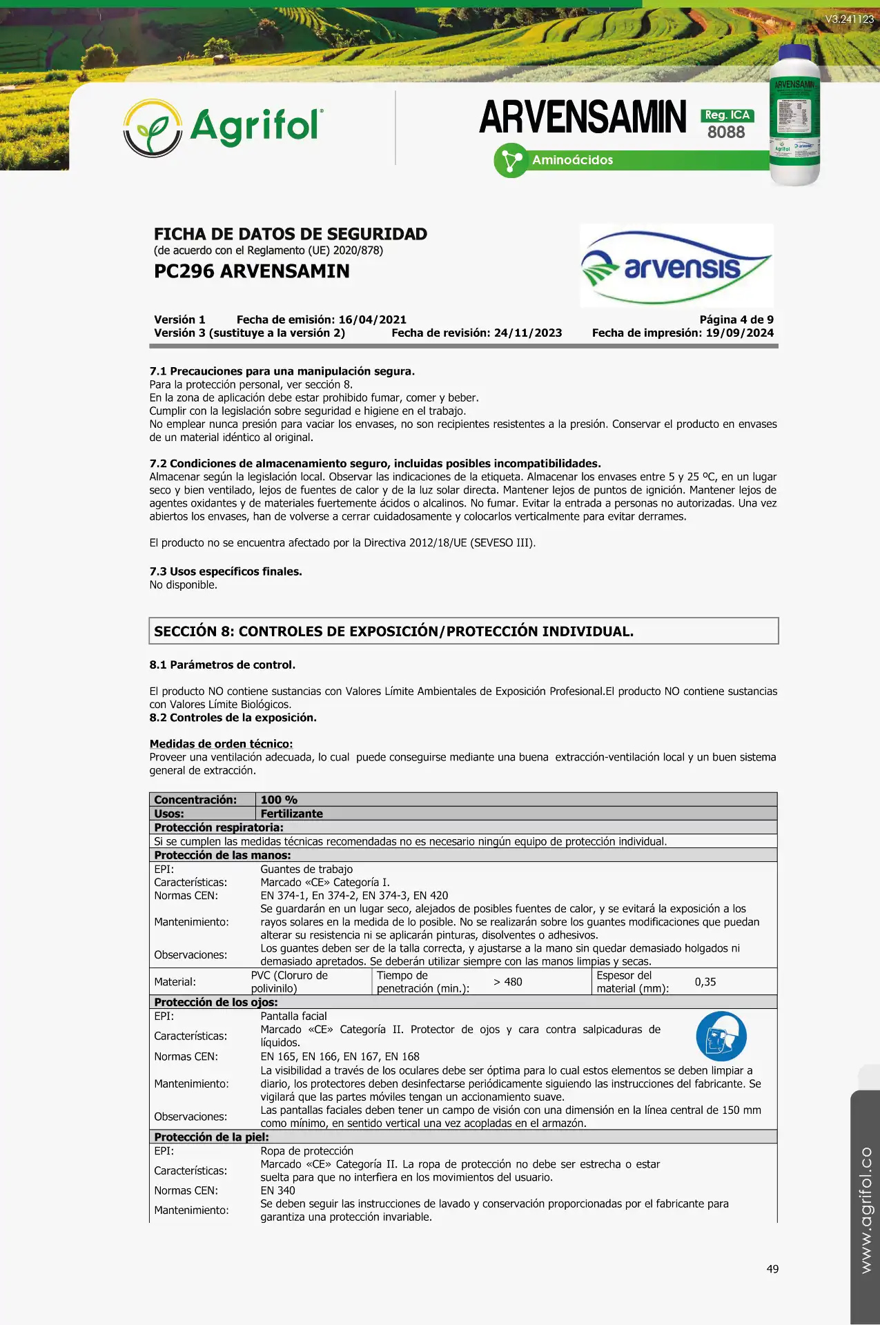 Ficha de seguridad Arvensamin - Página 3