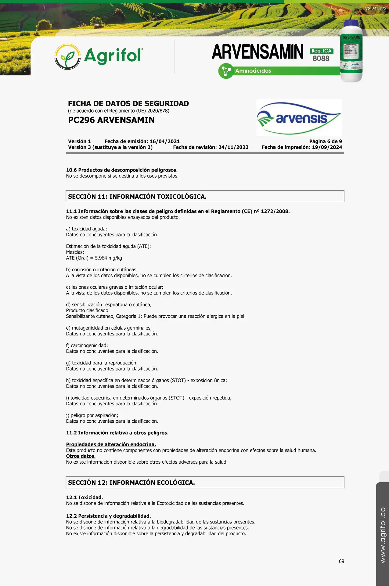 Ficha de seguridad Arvensamin - Página 5