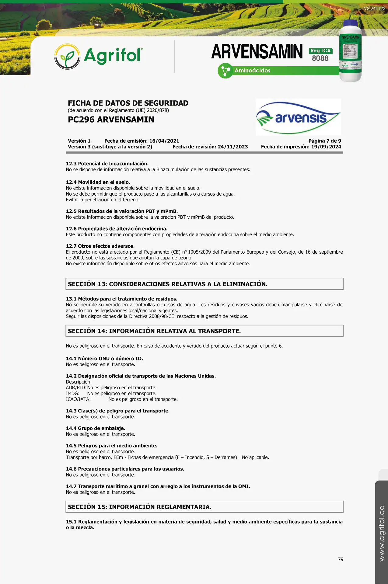 Ficha de seguridad Arvensamin - Página 6