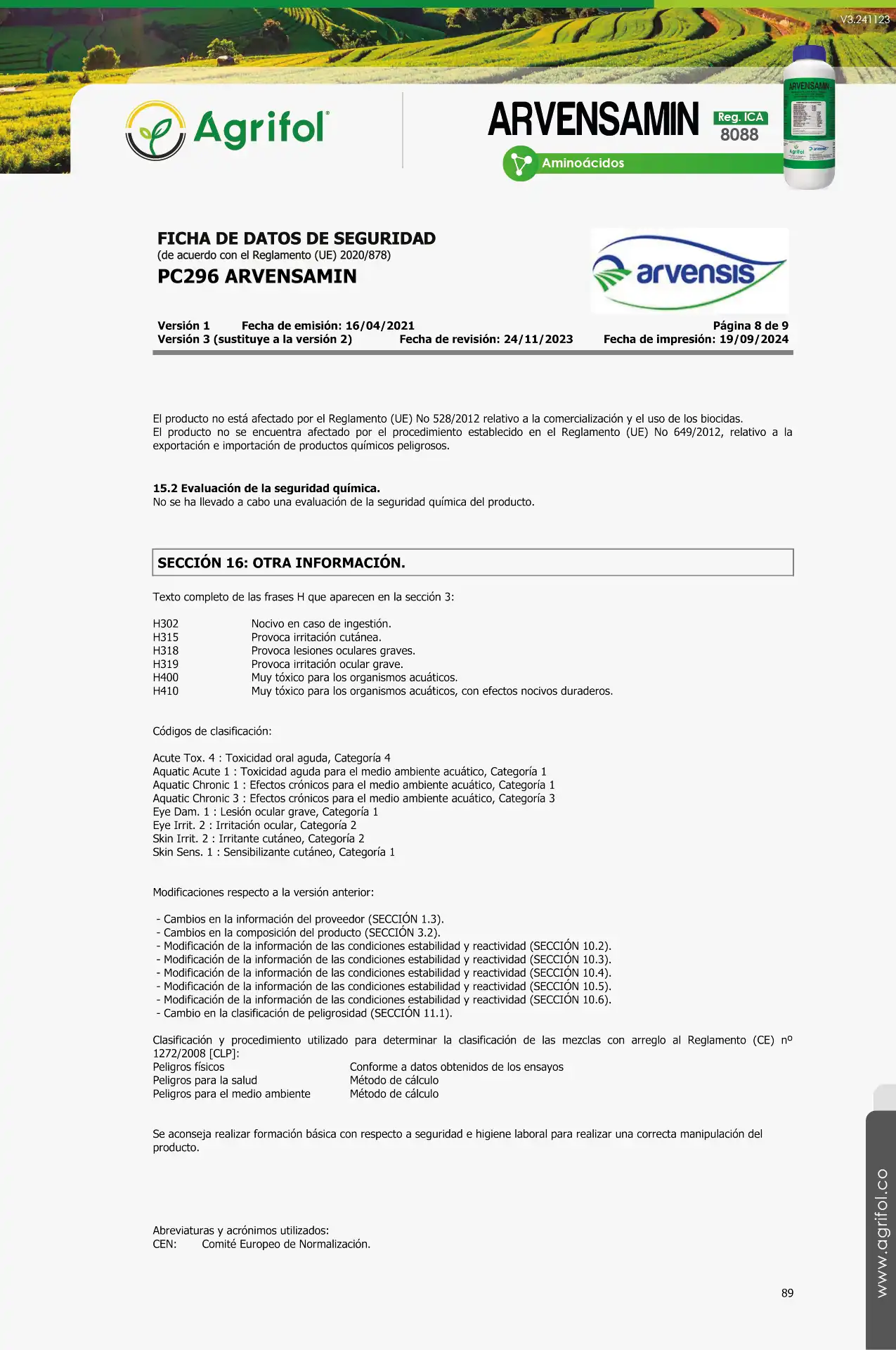 Ficha de seguridad Arvensamin - Página 7