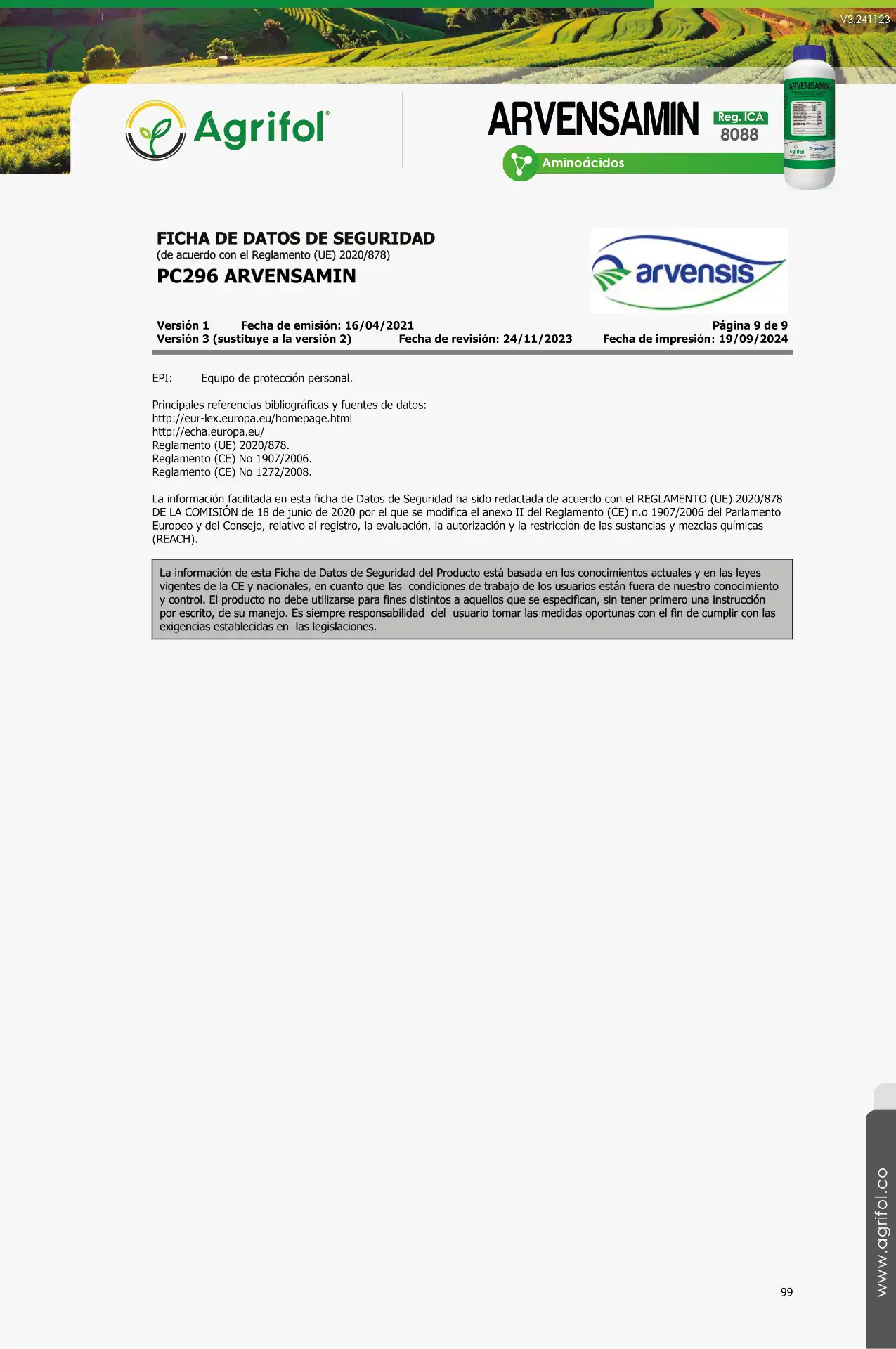 Ficha de seguridad Arvensamin - Página 8