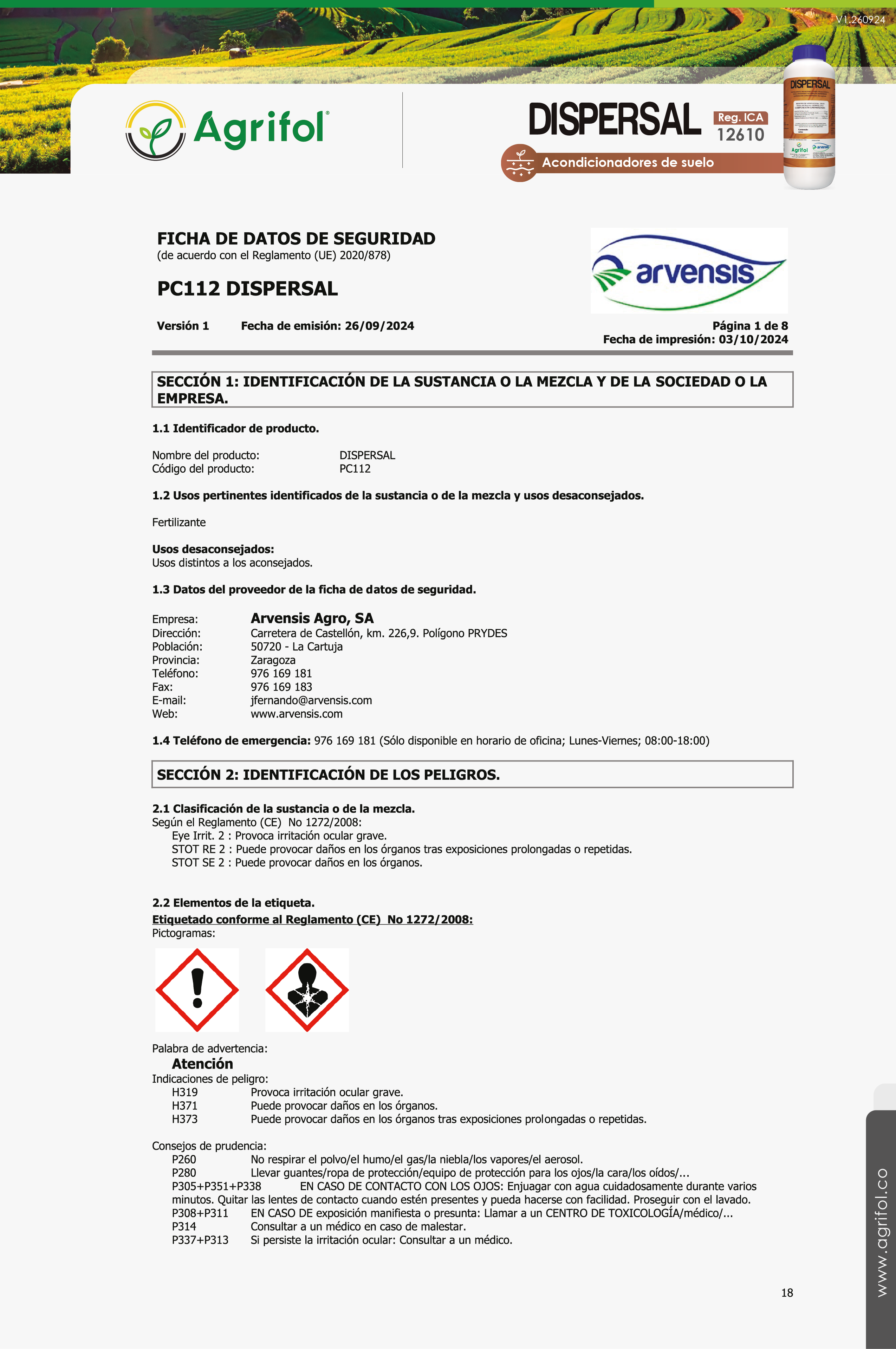 Ficha de seguridad Dispersal - Página 1