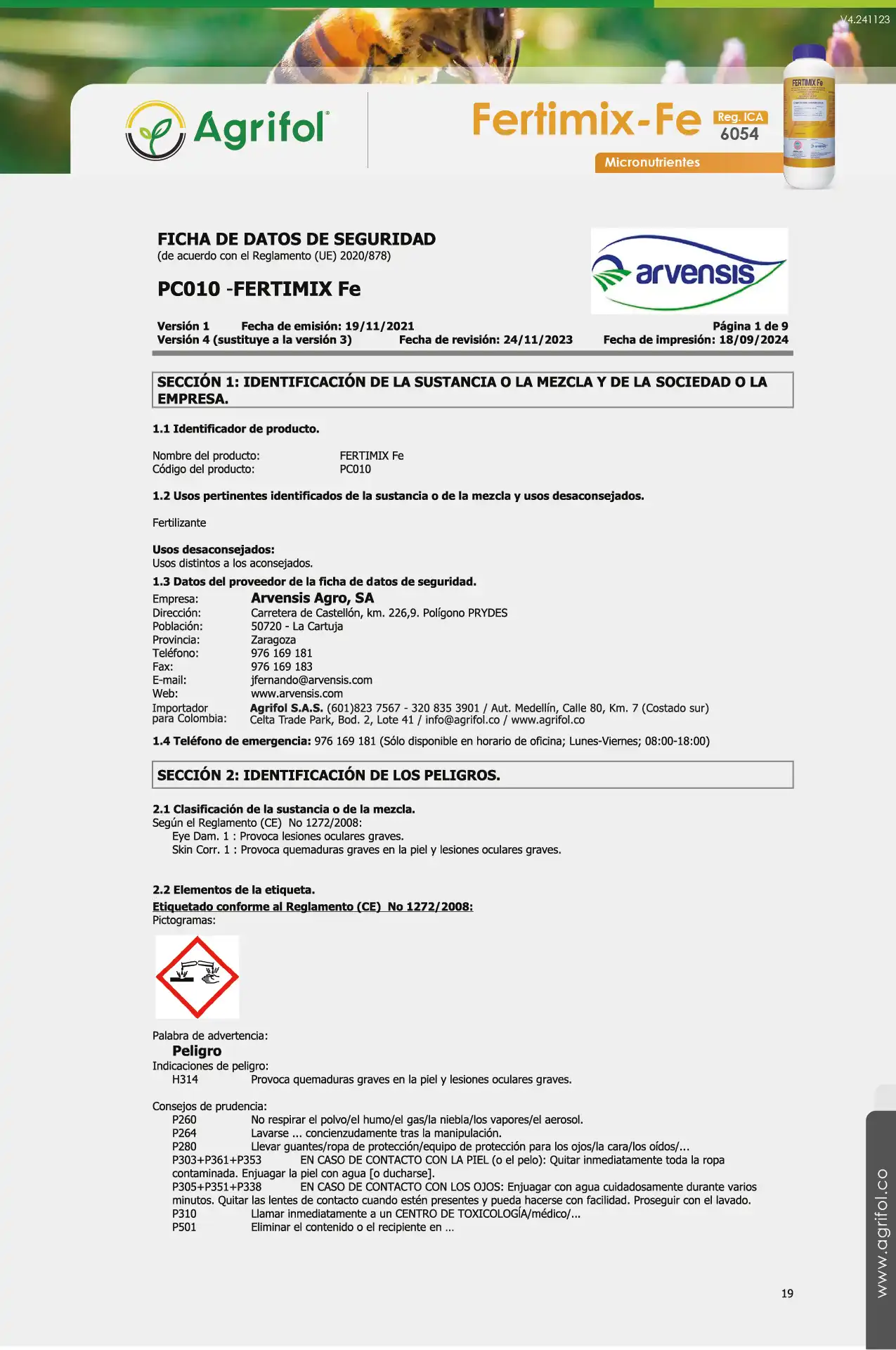 Ficha de seguridad Fertimix-Fe - Página 1