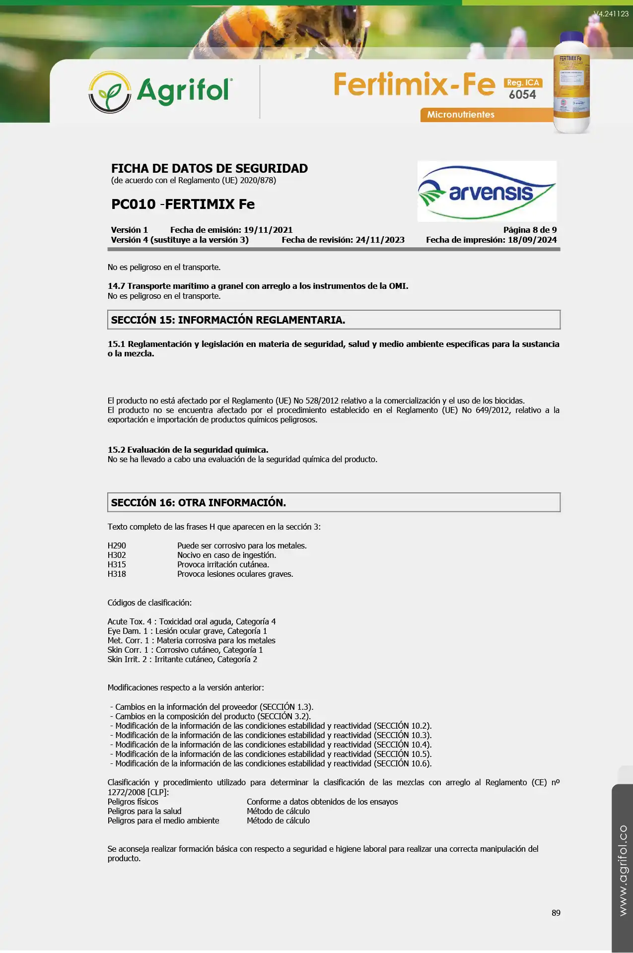 Ficha de seguridad Fertimix-Fe - Página 8