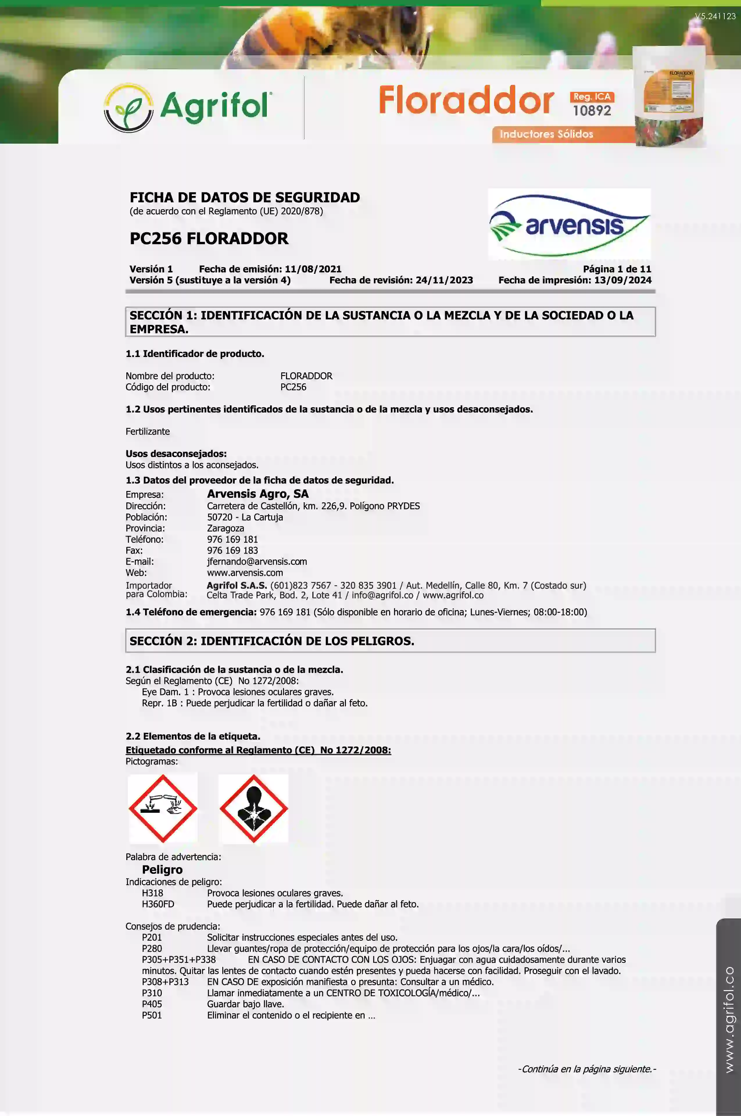 Ficha de seguridad Floraddor - Página 1