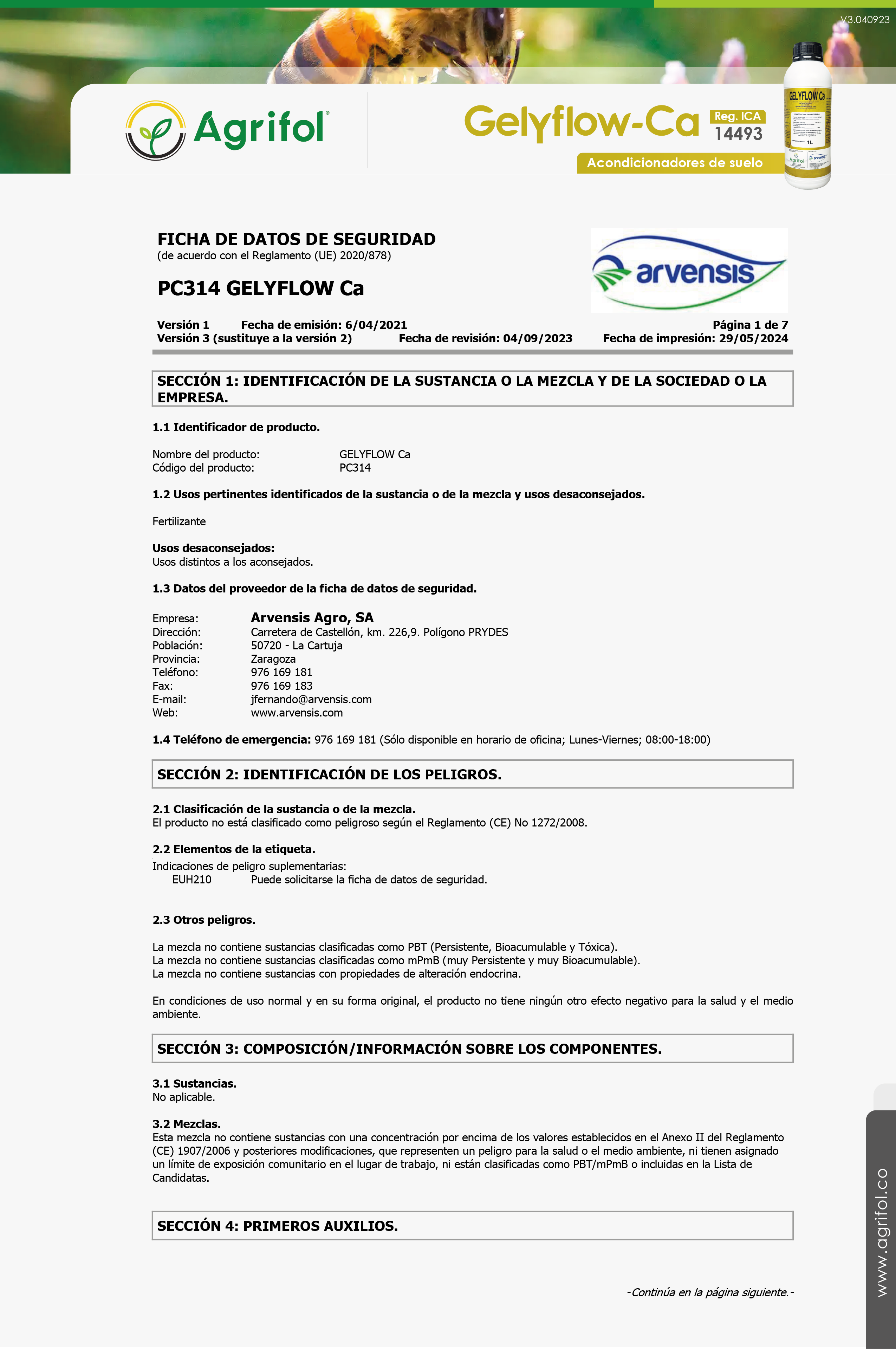 Ficha de seguridad Gelyflow-Ca - Página 1