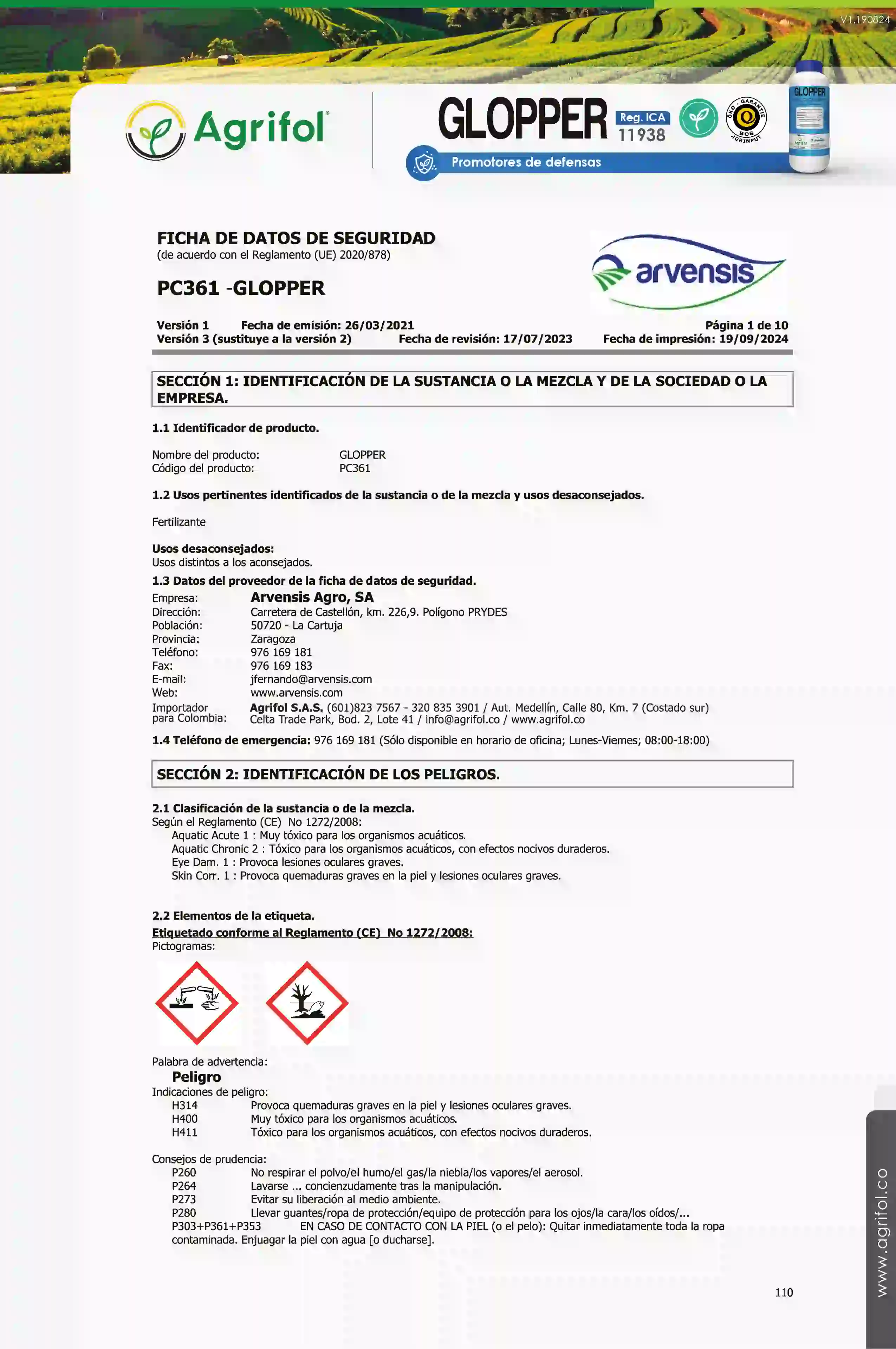 Ficha de seguridad Glopper - Página 1