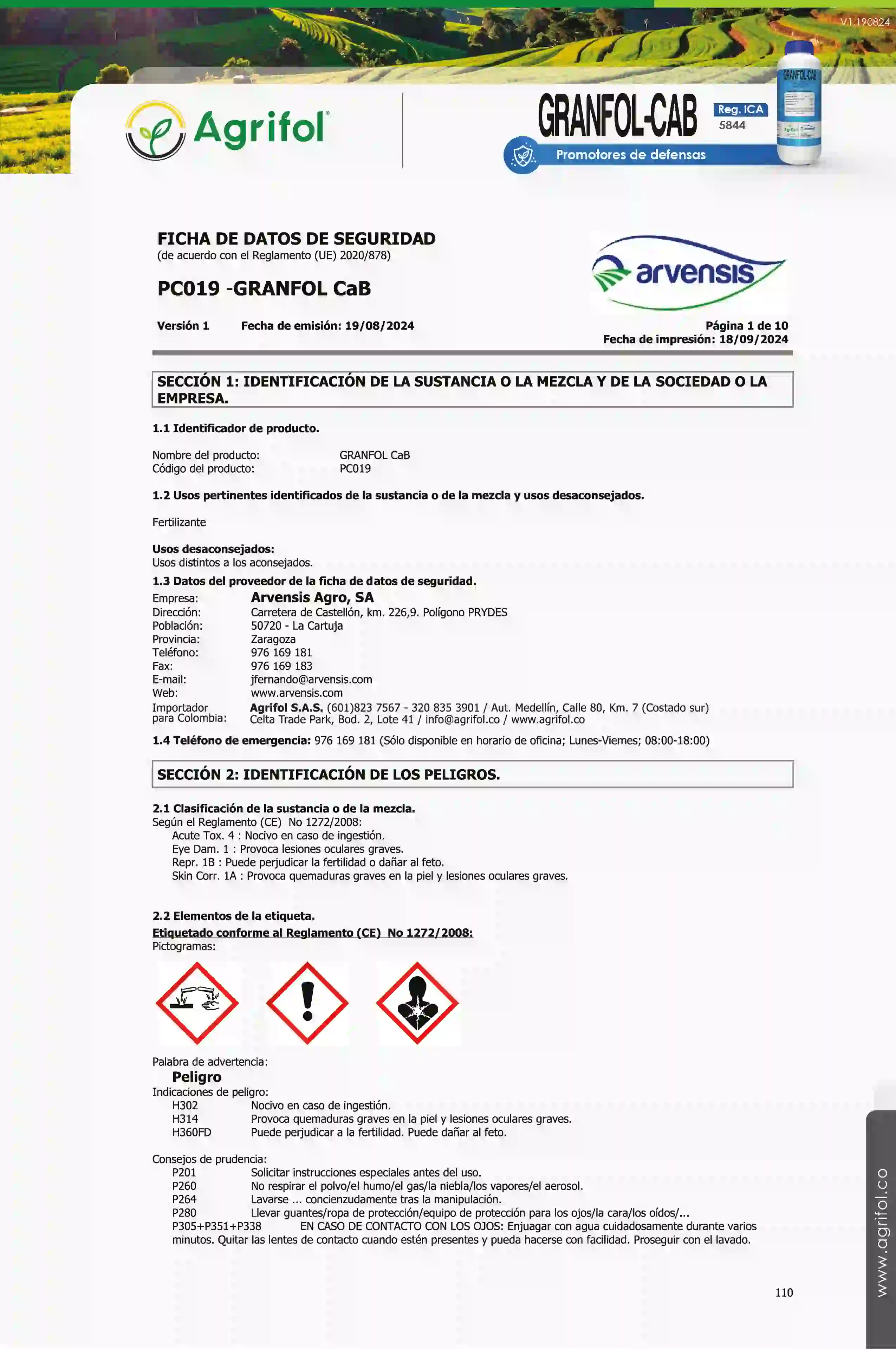 Ficha de seguridad Granfol-Cab - Página 1