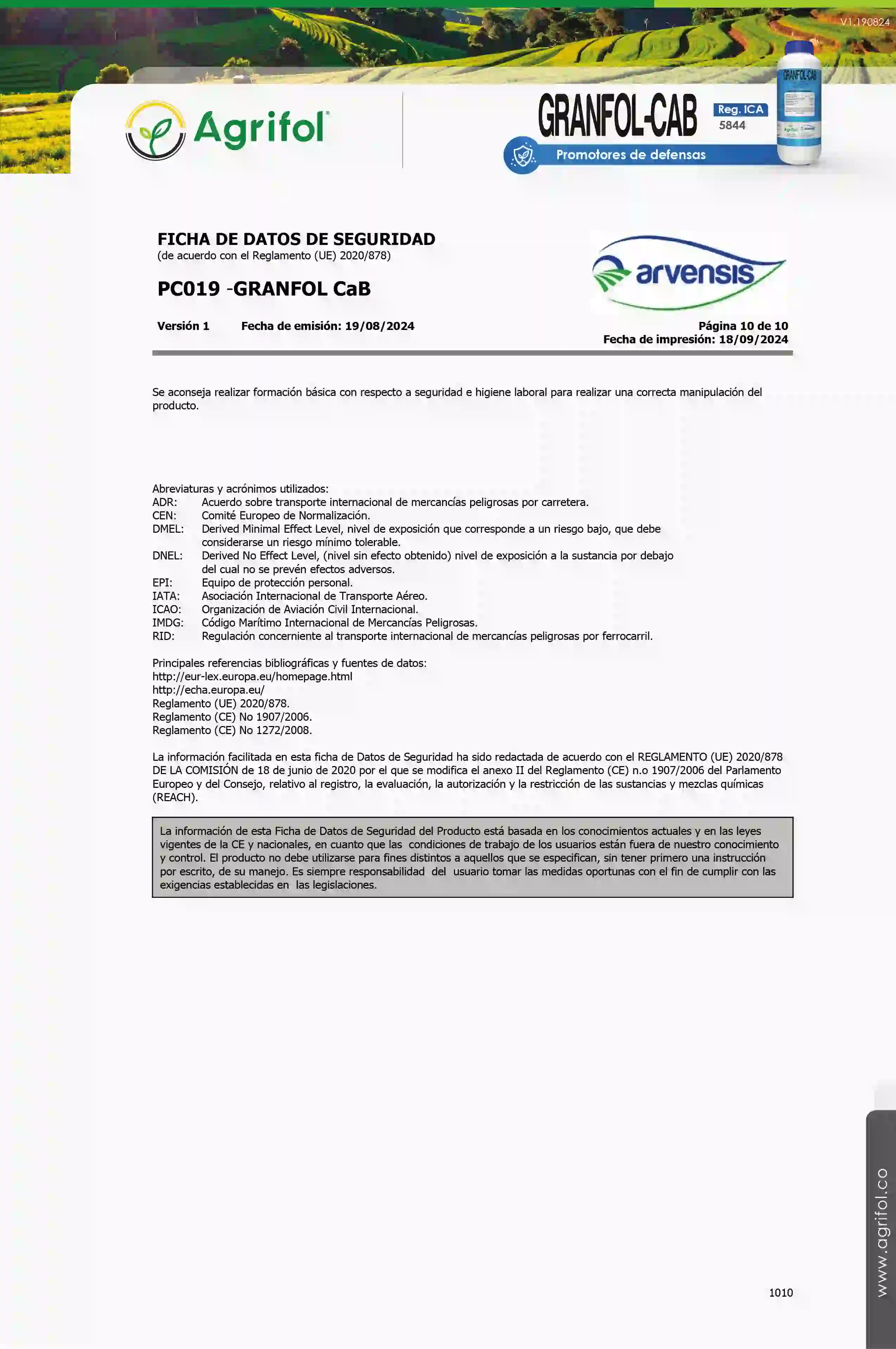 Ficha de seguridad Granfol-Cab - Página 10