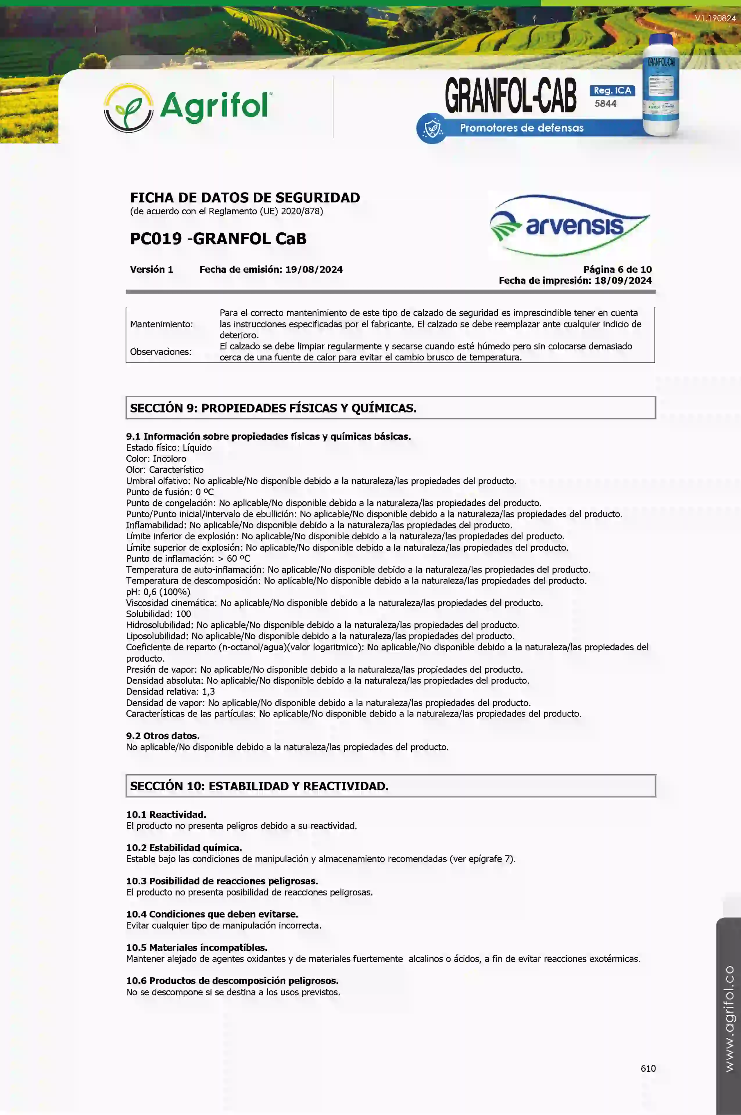 Ficha de seguridad Granfol-Cab - Página 6