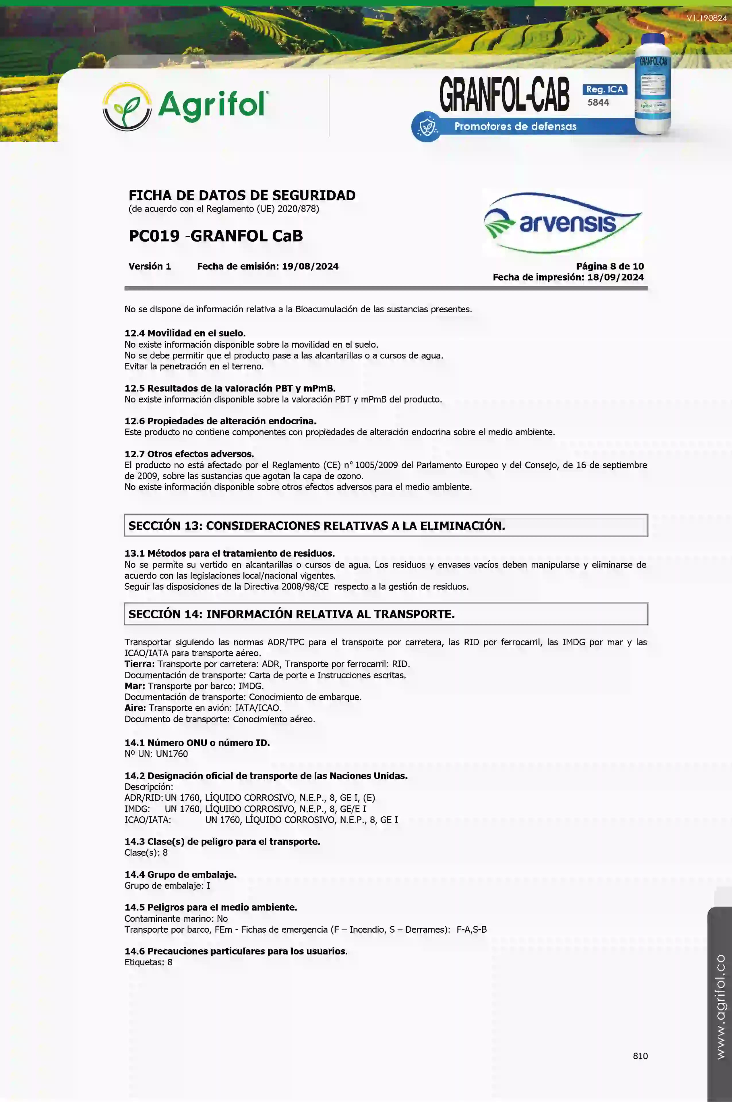 Ficha de seguridad Granfol-Cab - Página 8