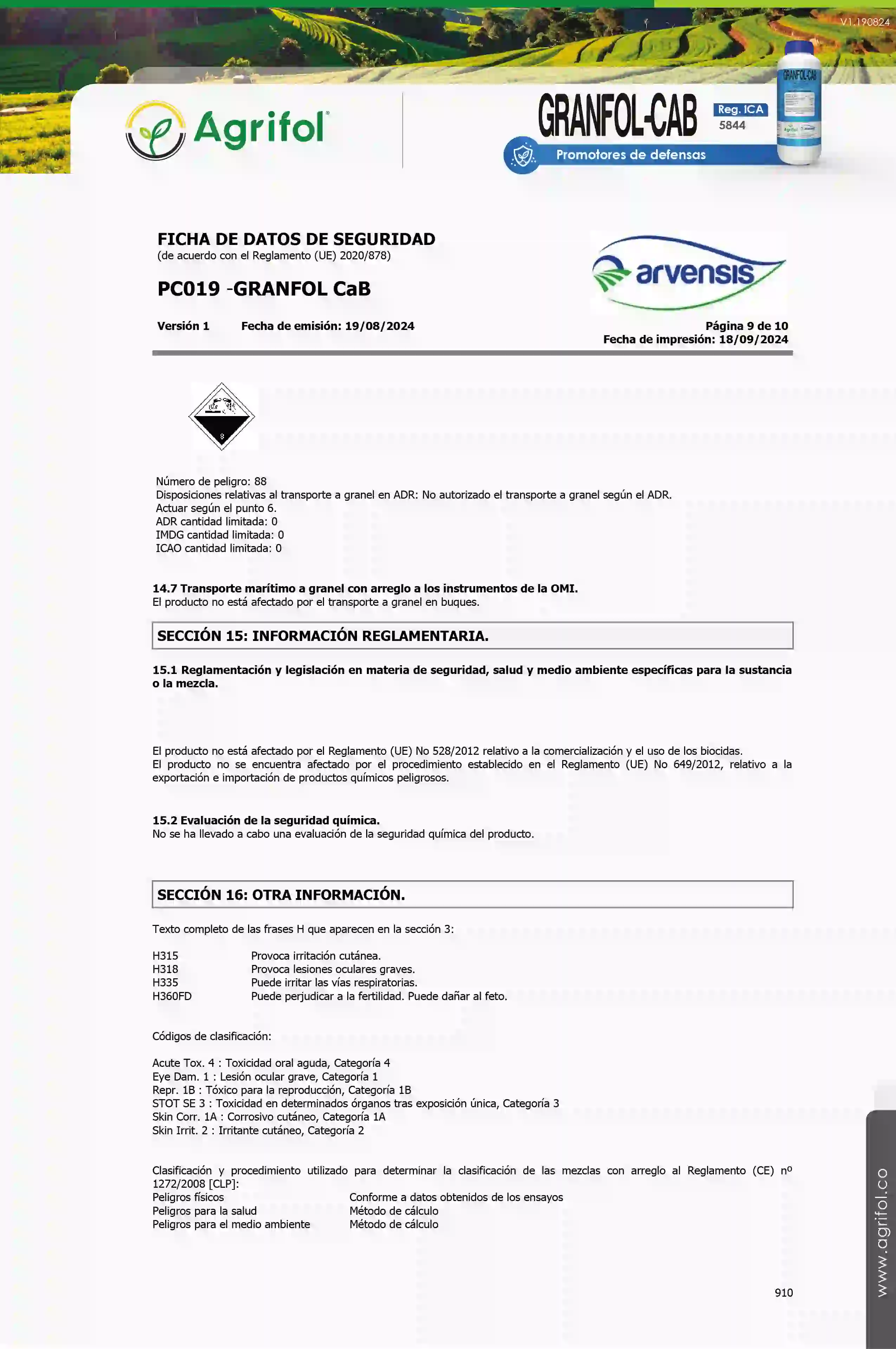 Ficha de seguridad Granfol-Cab - Página 9