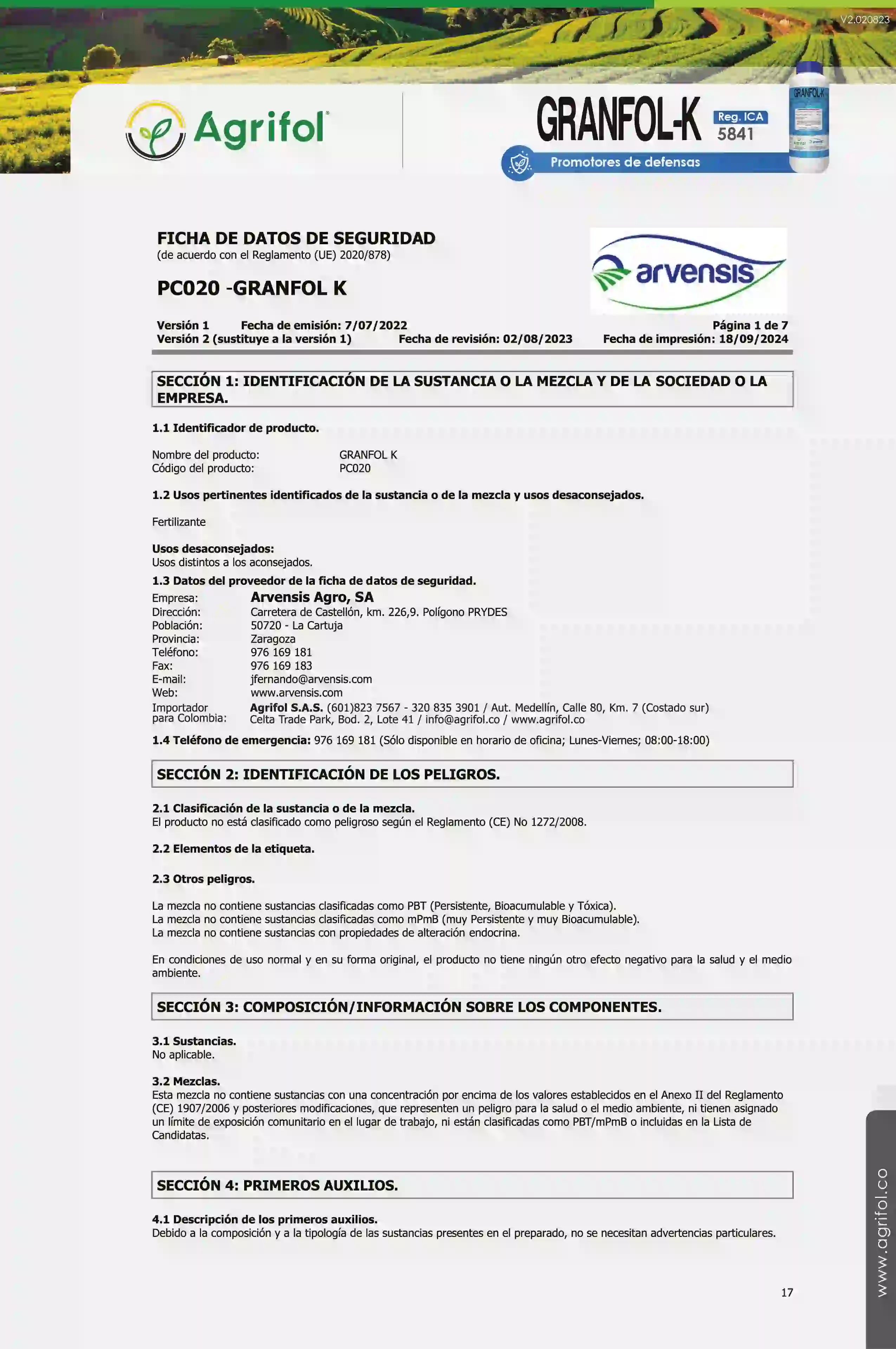 Ficha de seguridad Granfol-K - Página 1