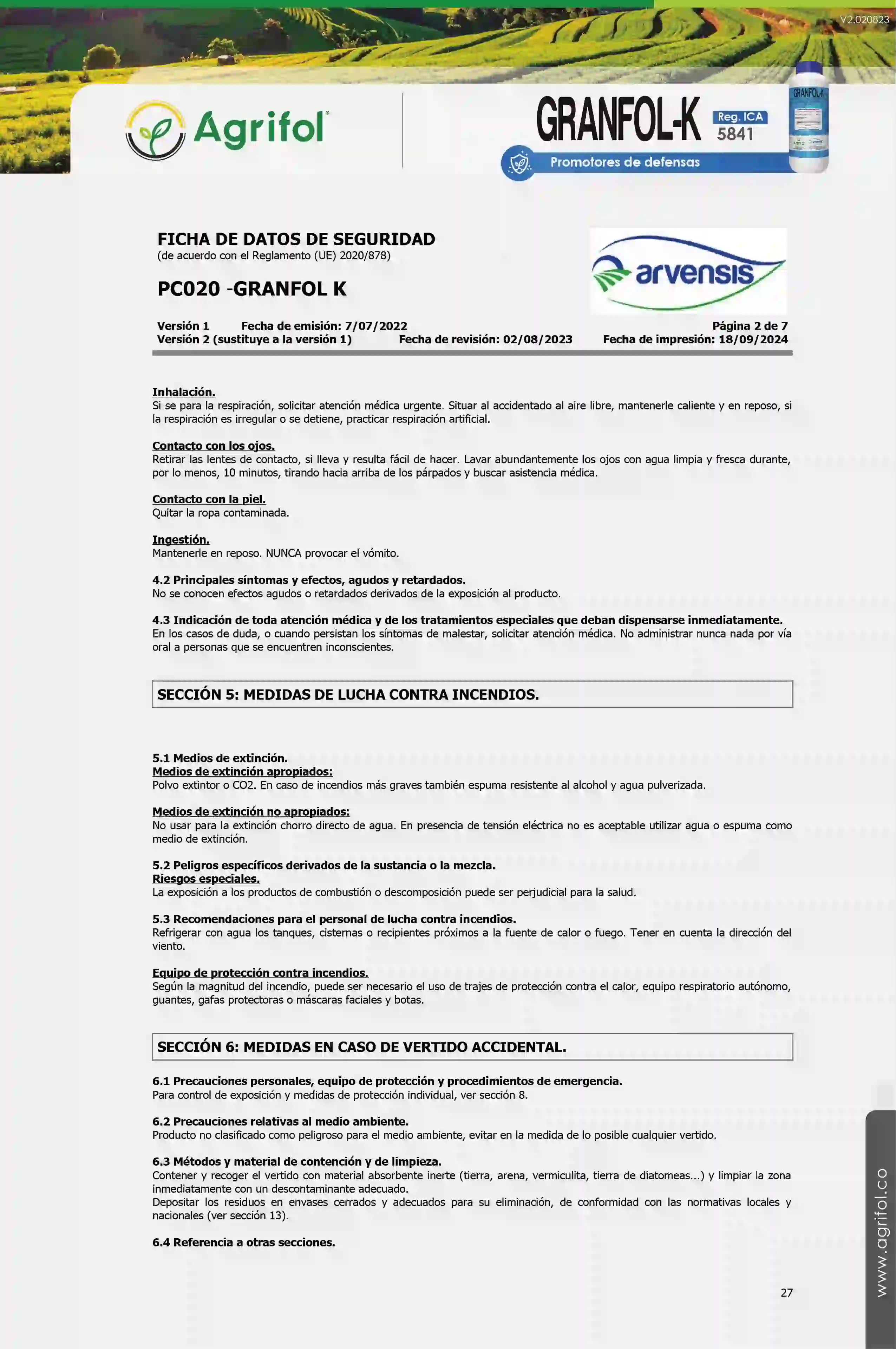 Ficha de seguridad Granfol-K - Página 2