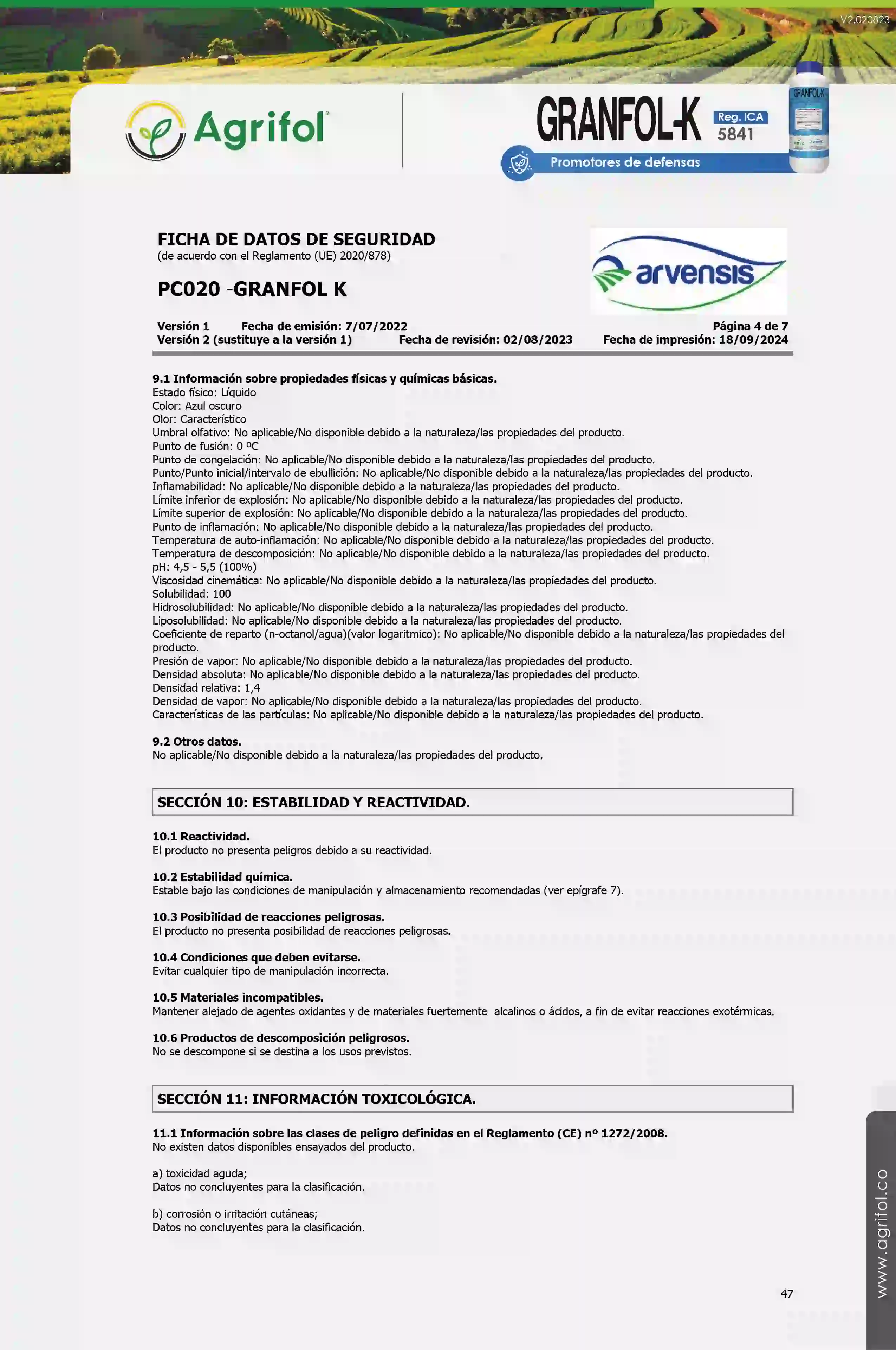 Ficha de seguridad Granfol-K - Página 4