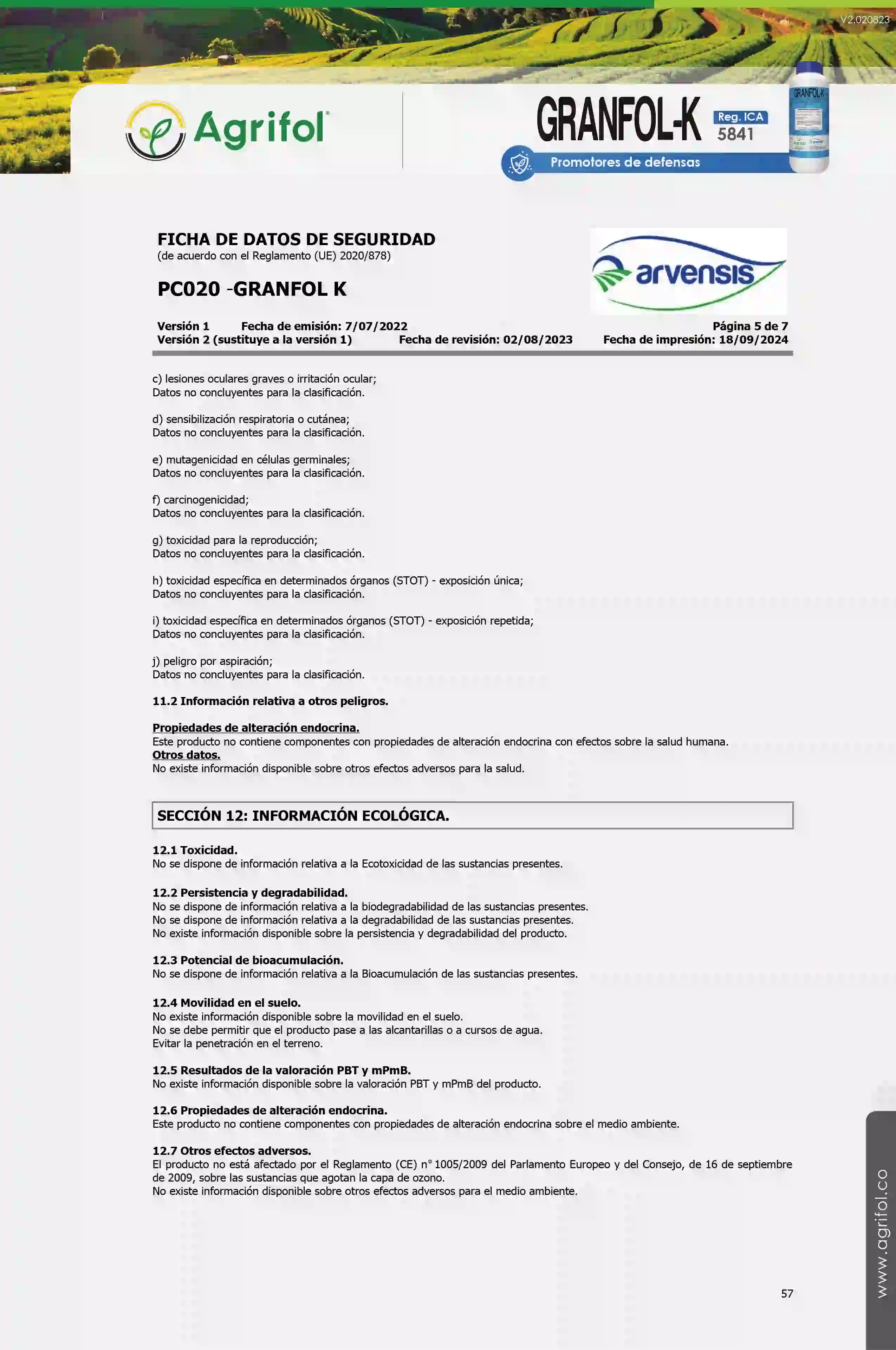 Ficha de seguridad Granfol-K - Página 5