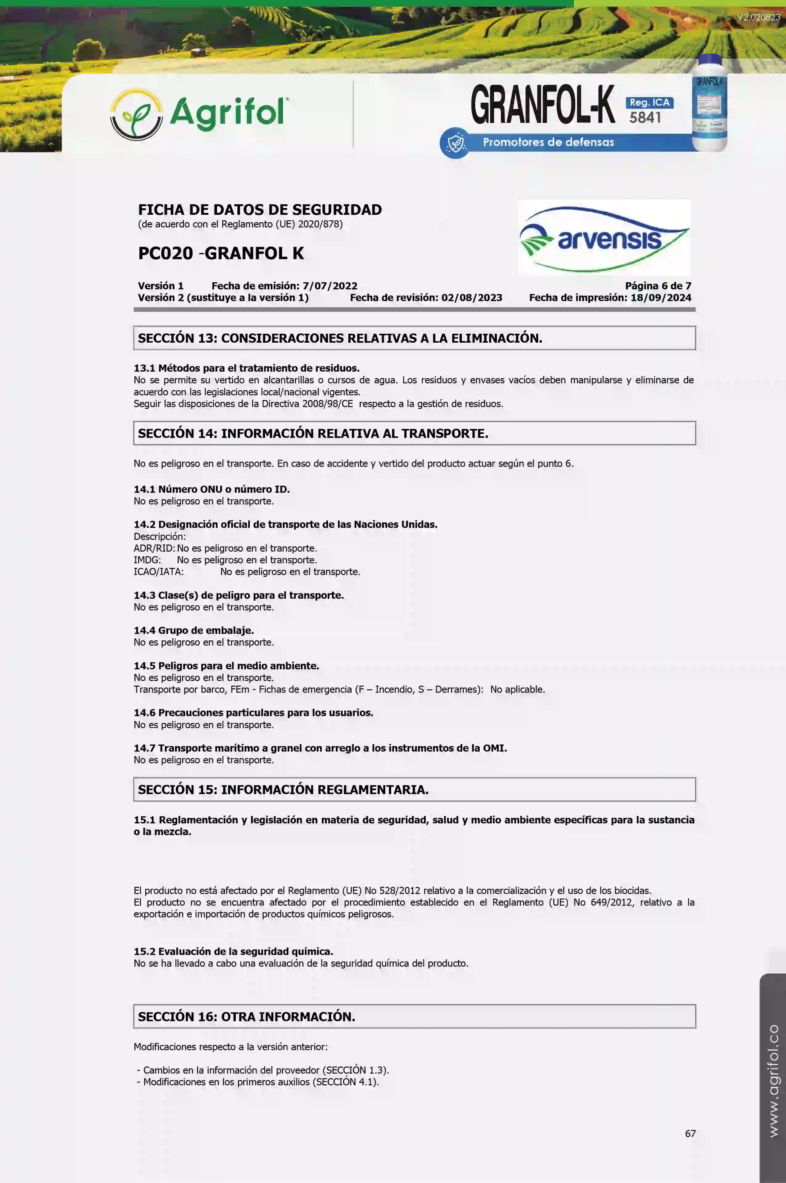 Ficha de seguridad Granfol-K - Página 6