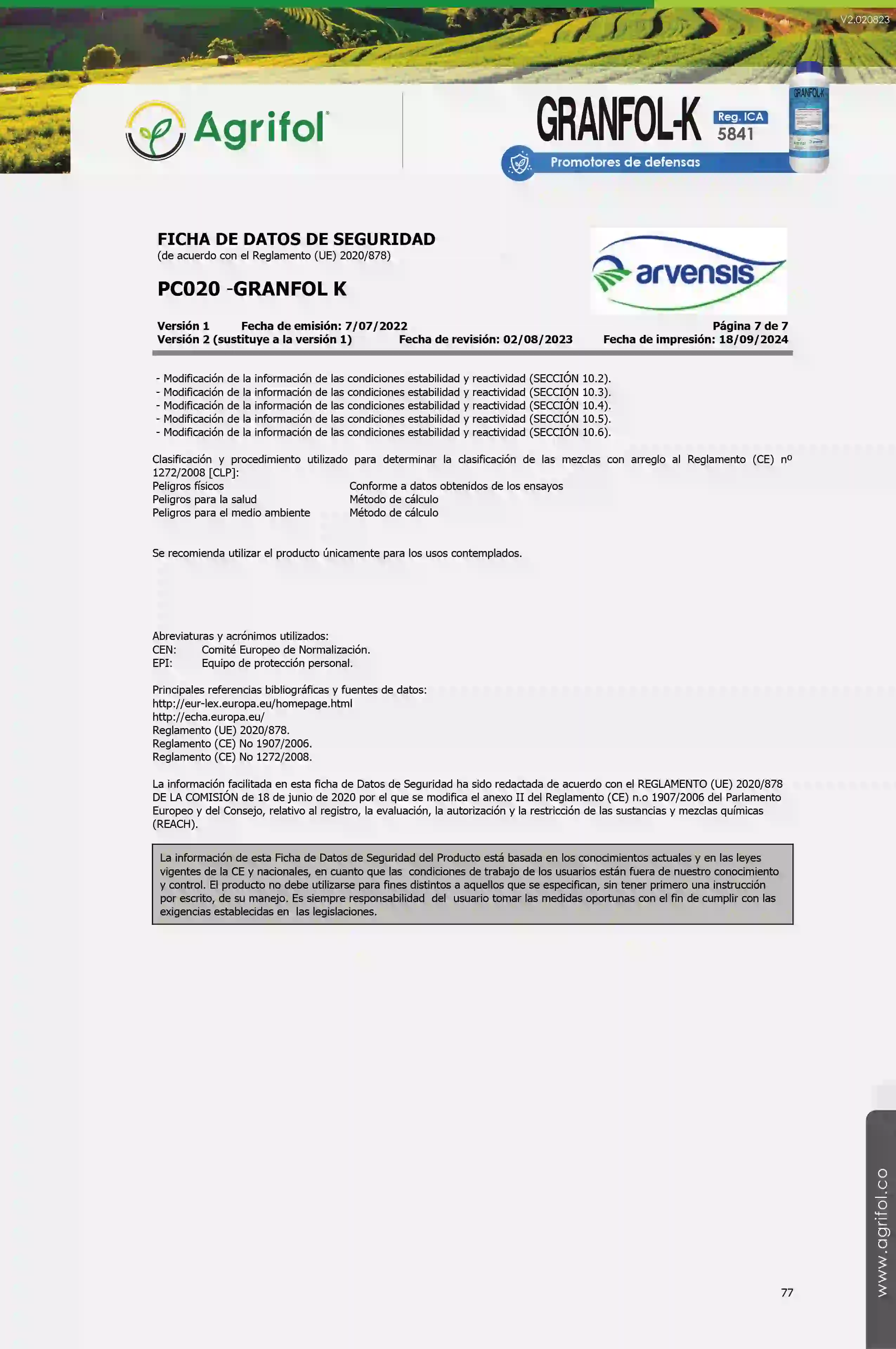 Ficha de seguridad Granfol-K - Página 7