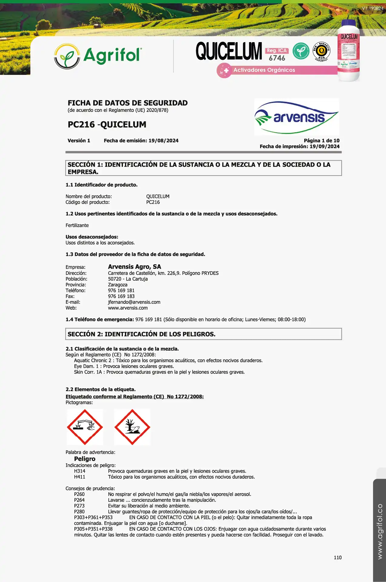 Ficha de seguridad Quicelum - Página 1