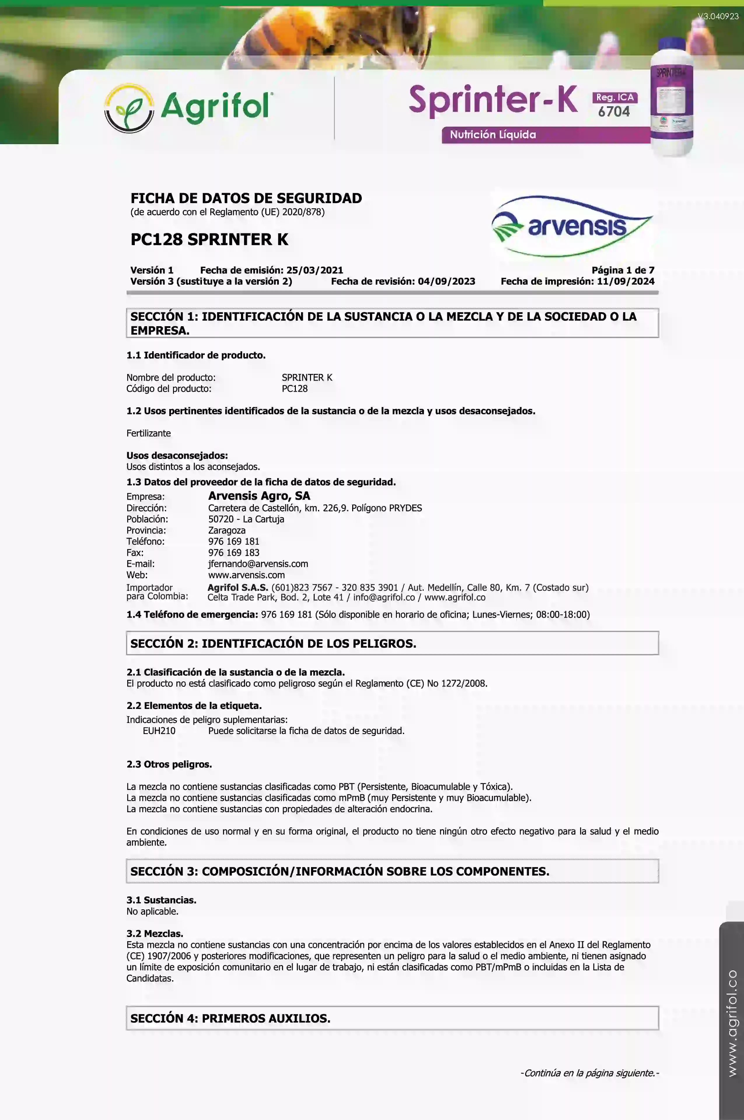 Ficha de seguridad Sprinter-K - Página 1