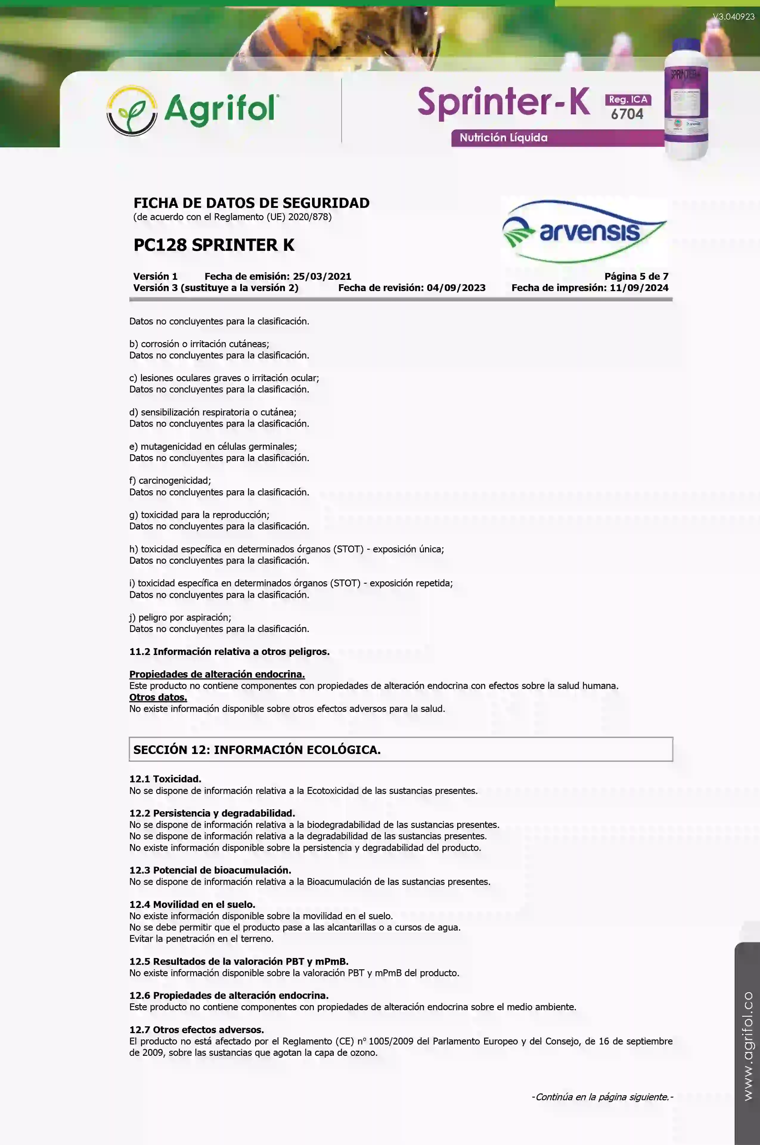 Ficha de seguridad Sprinter-K - Página 5